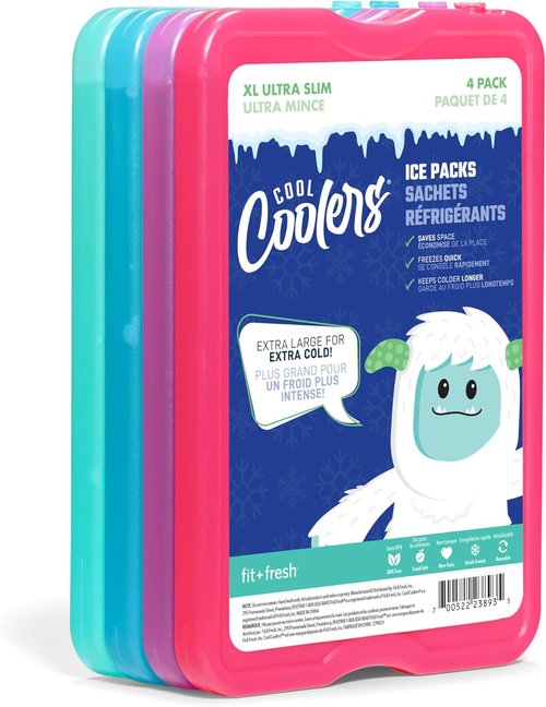 Cool Coolers by Fit & Fresh | 4 Pack XL Slim Ice Packs - Quick Freeze, Space-Saving Design for Lunch Boxes