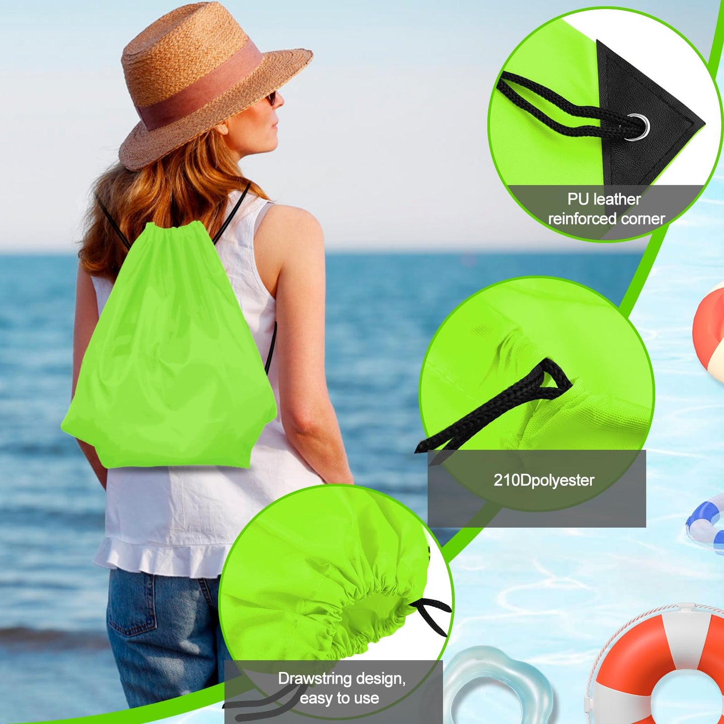 PLULON 2Pcs Drawstring Bags Bulk, Fluorescent Green Drawstring Backpack String Backpack Cinch Sack Sport Gym Bags for Yoga Traveling Outdoor Sports