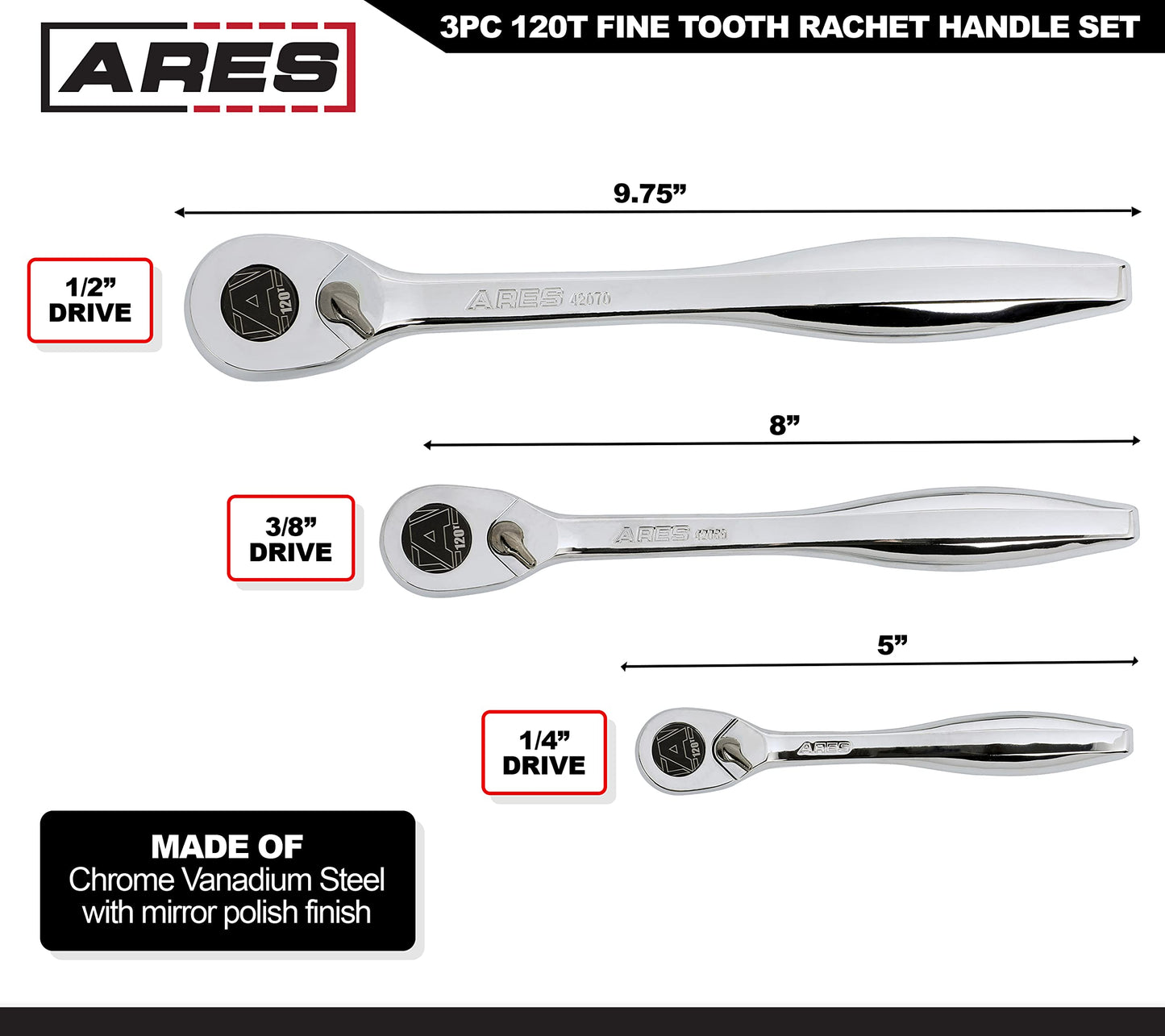 ARES 42067 – 120 Tooth Ratchet Set – 1/4-Inch, 3/8-Inch, and 1/2-Inch Drive - 3 Degree Swing Arc – Reversible Ratcheting Mechanism - Ergonomic Handle and Professional Gear Structure