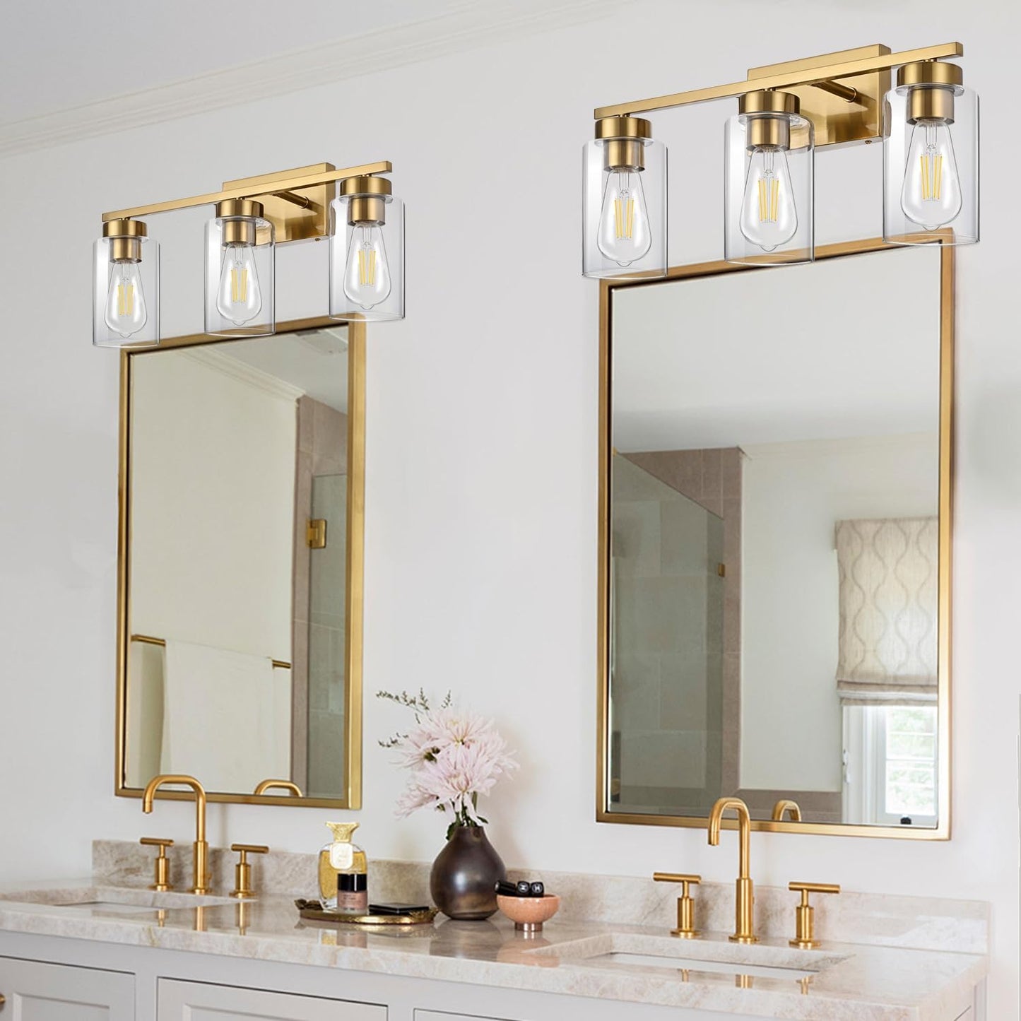 Modern 3-Light Bathroom Vanity Light in Brushed Gold with Clear Glass Shades