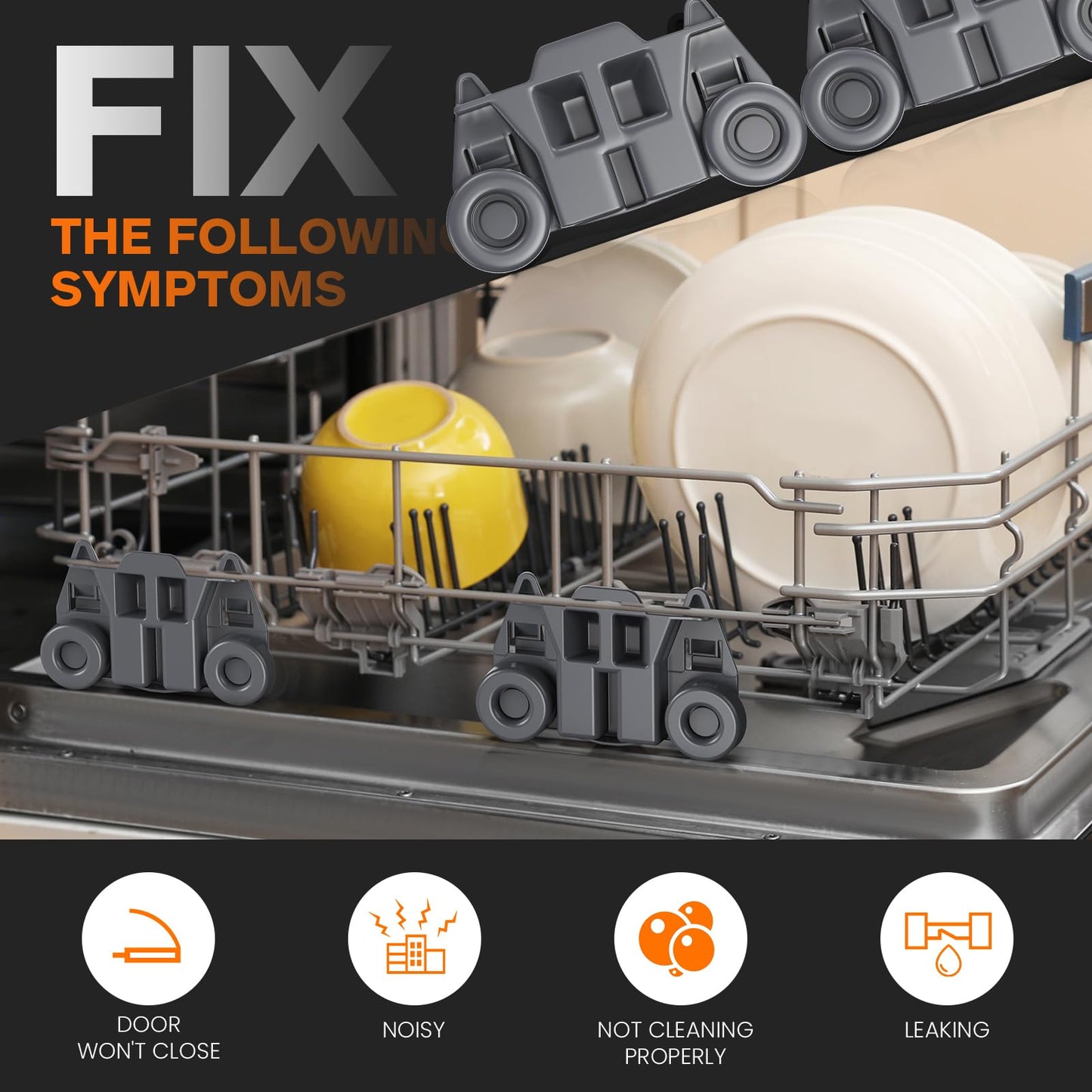 4 Pack Dishwasher Rack Wheels W10195416, Updated Resistant to Rust Lower Rack Wheels Compatible with KitchenAid Whirlpool Kenmore Maytag Model W10195416v W10195417