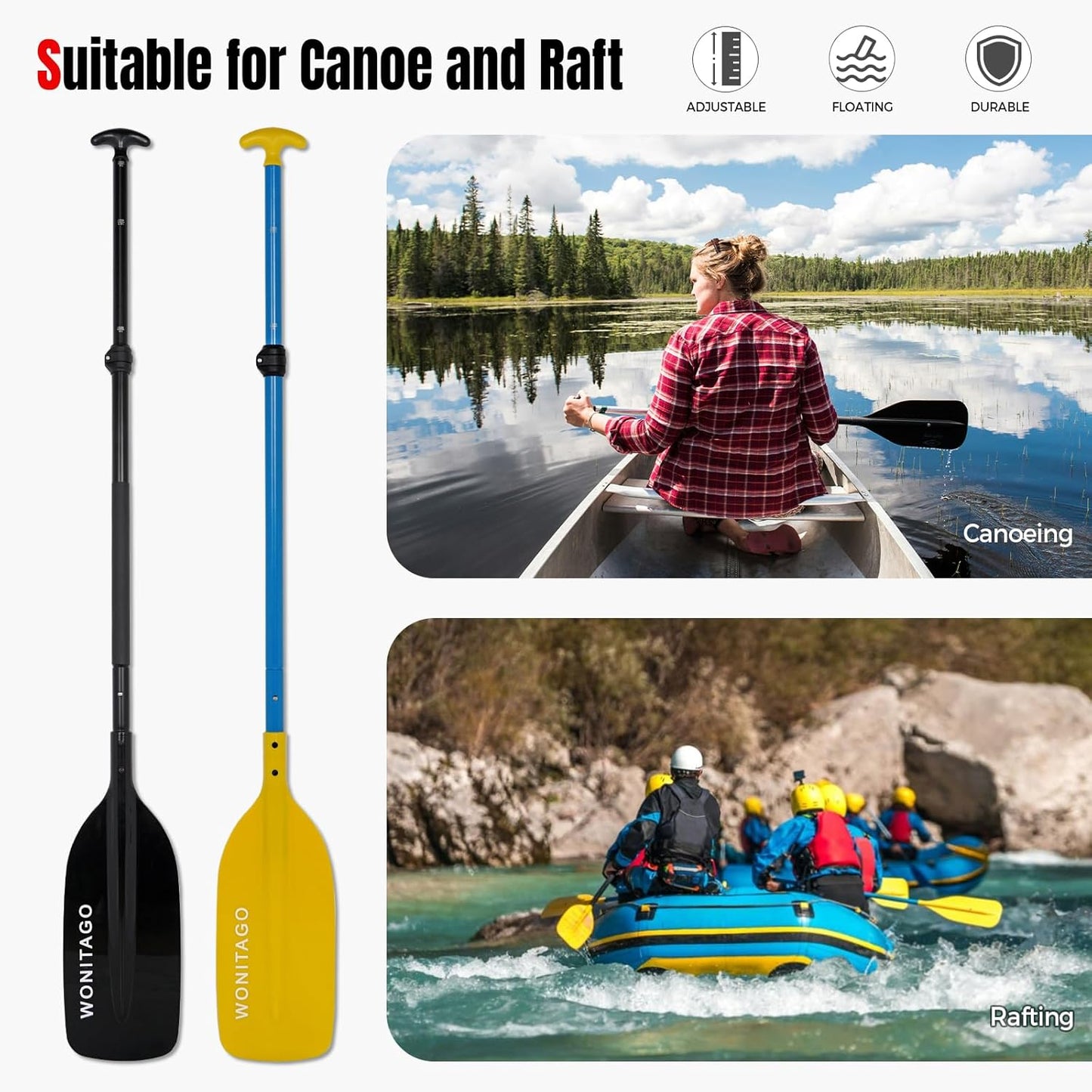 Canoe Paddles | Aluminum Oars with Floating Plastic Blades - Adjustable 122-152 cm (4-5 Ft) Black/Yellow