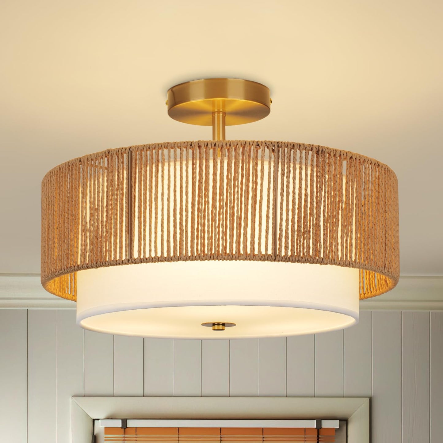 Scyvenra 16'' Semi Flush Mount Ceiling Light Fixture, Boho Light Fixtures with 2-Tier Drum White Fabric Shade, 3-Light Farmhouse Rattan Drum Light Fixture for Bedroom, Living Room, Kitchen