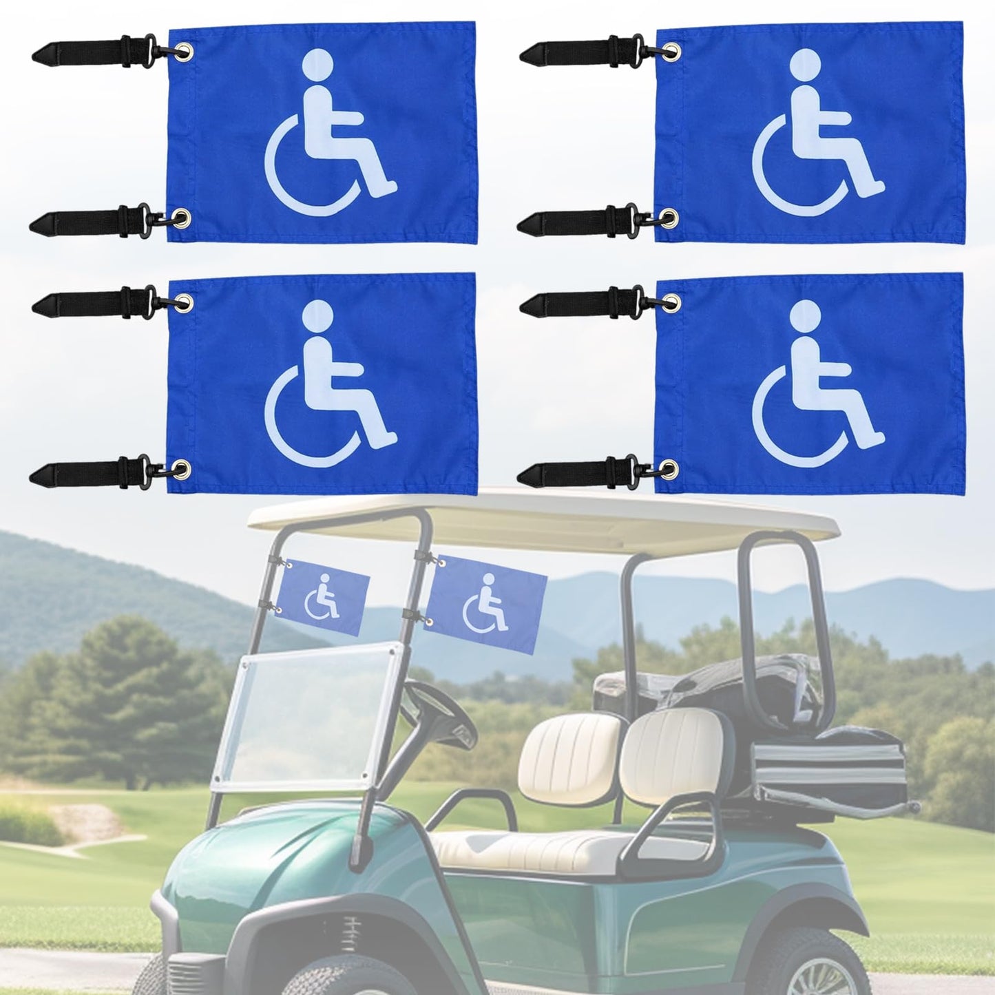 Disable Handicap Flag for Golf Cart, Boat, Bike - Blue Safety Golf Flag with Elastic Strap Bracket, 9"L x 6"W (4)