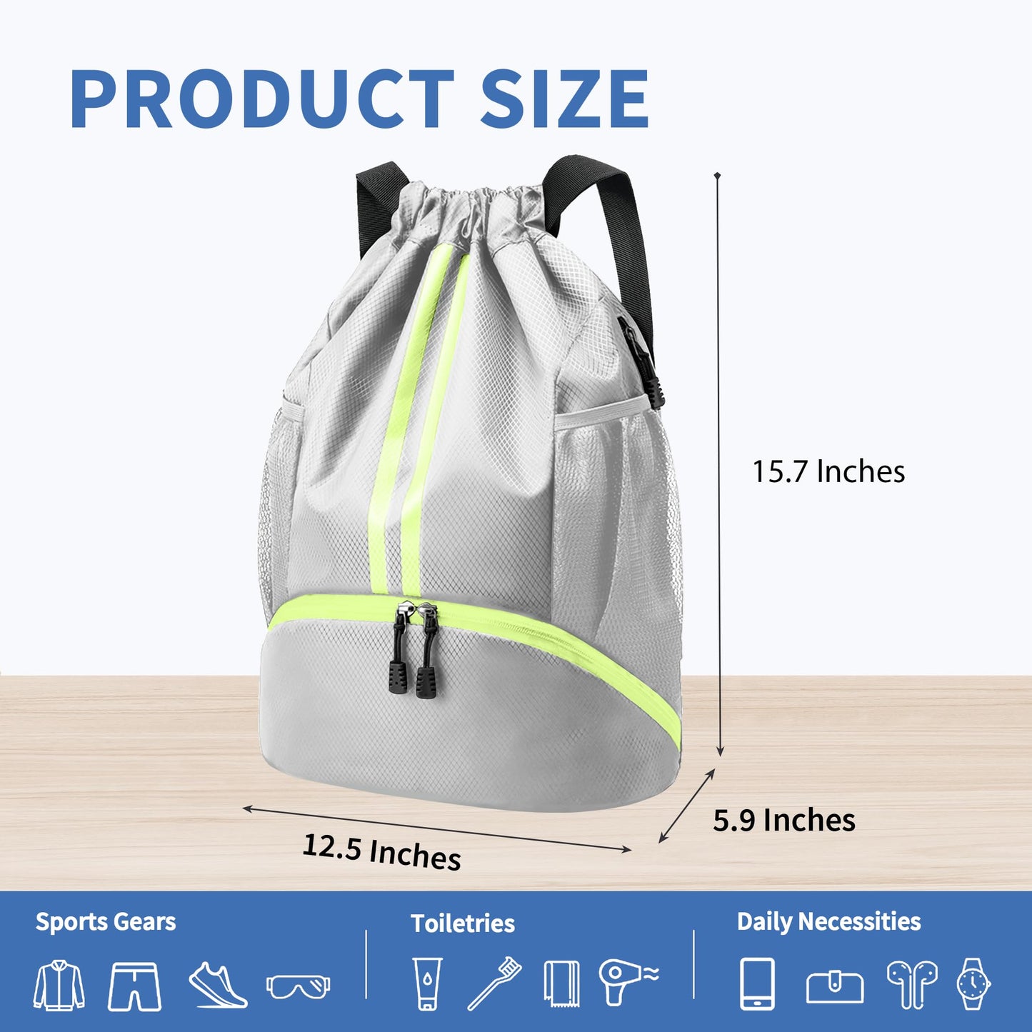 JELUTAR Drawstring Backpack Gym Bag with Shoes Compartment for Soccer, Basketball, Swim, Water-Resistant String Backpack Beach Cinch for Women Men, Grey, Medium