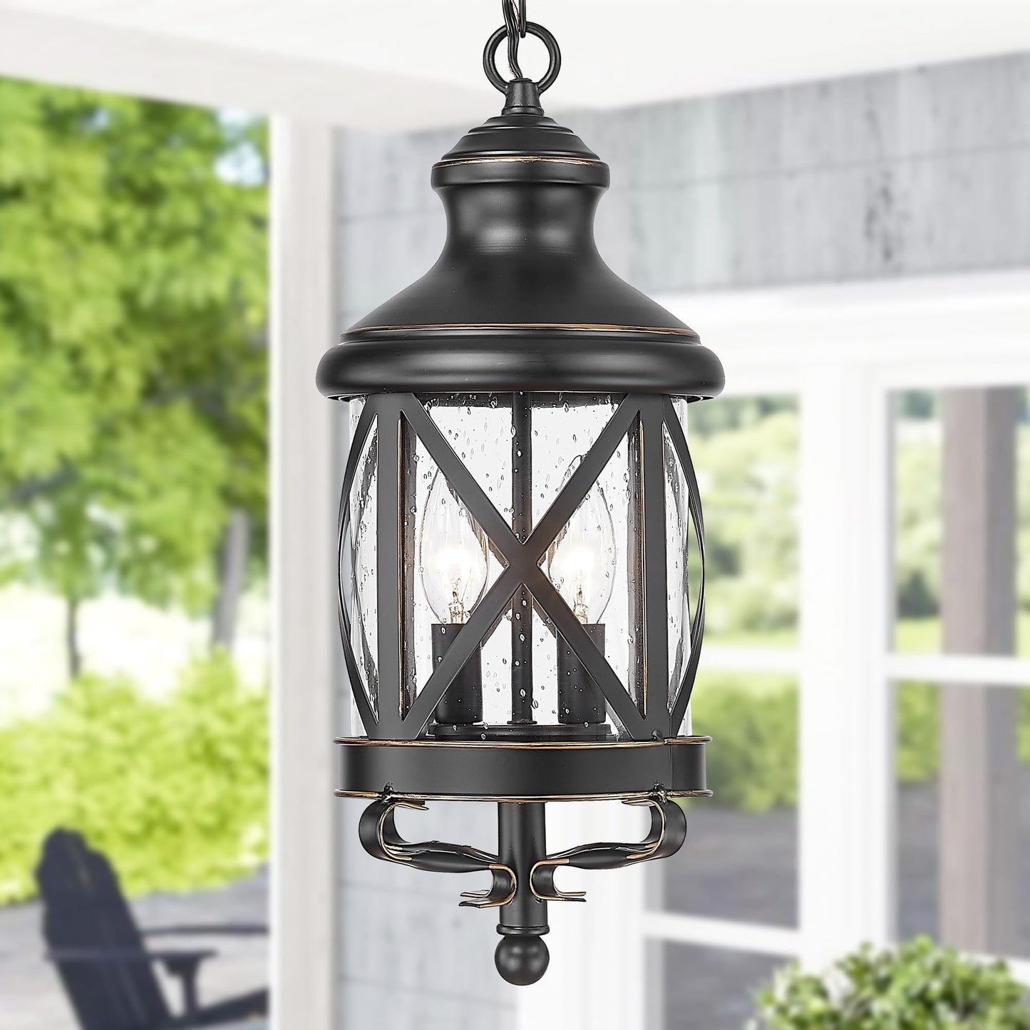 ALLGOT Outdoor Pendant Light for Porch,17.5 Inch Tall Farmhouse Pendant Lights, Outdoor Hanging Lanterns, Anti-Rust Exterior Hanging Porch Lights, Waterproof Ceiling Lanterns with Seeded Glass(Black)