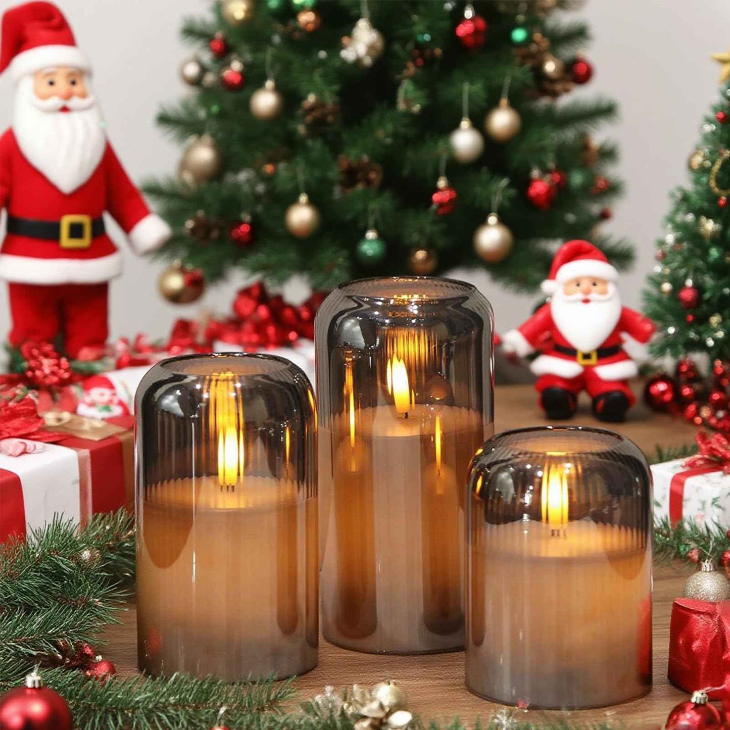 DRomance Glass Flameless Candles with Remote and Timer Battery Operated 3 Pack Real Wax Striped Black LED Flickering Pillar Candles Dinner Wedding Halloween Christmas Holiday Decor(3" D x 4",5",6" H)