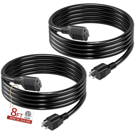 16/3 Short Extension Cord 8 FT 2 Pack, Black Extension Cord Flexible & Durable, Indoor 3 Prong Power Cable, Suitable for Home and Office, 13 Amp 1625 Watt 125VAC 16AWG, ETL Listed