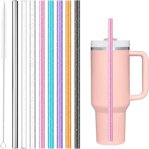 Alwenid Reusable Glitter Clear Stainless Steel Straws - 8PCS Color Replacement Set for Stanley Owala Tumbler | BPA Free & Dishwasher Safe
