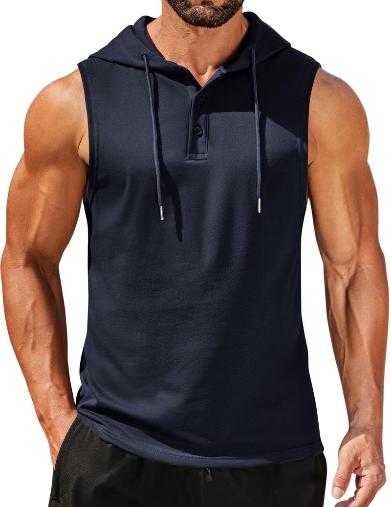 COOFANDY Workout Gym Tank Tops for Men Muscle Cut Off Hoodie Sleeveless Hooded Shirts Cotton Breathable T Shirts Navy Blue