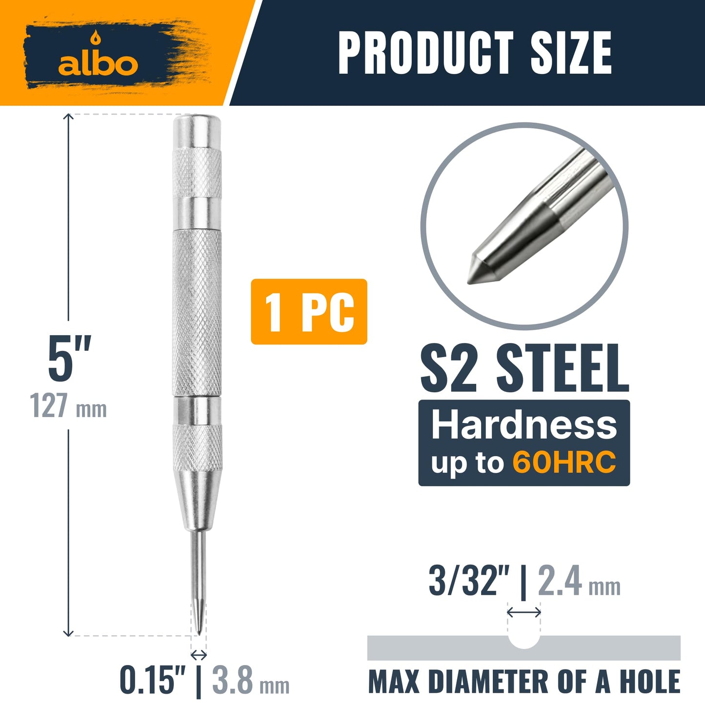 ALBO Spring Loaded Center Punch Tool – 5 Inch Automatic Punch for Metal, Wood, Steel – Heavy Duty Drill Punch – Durable Galvanized Coating, Precision Tip for DIY, Workshop & Professional Use (1pc)