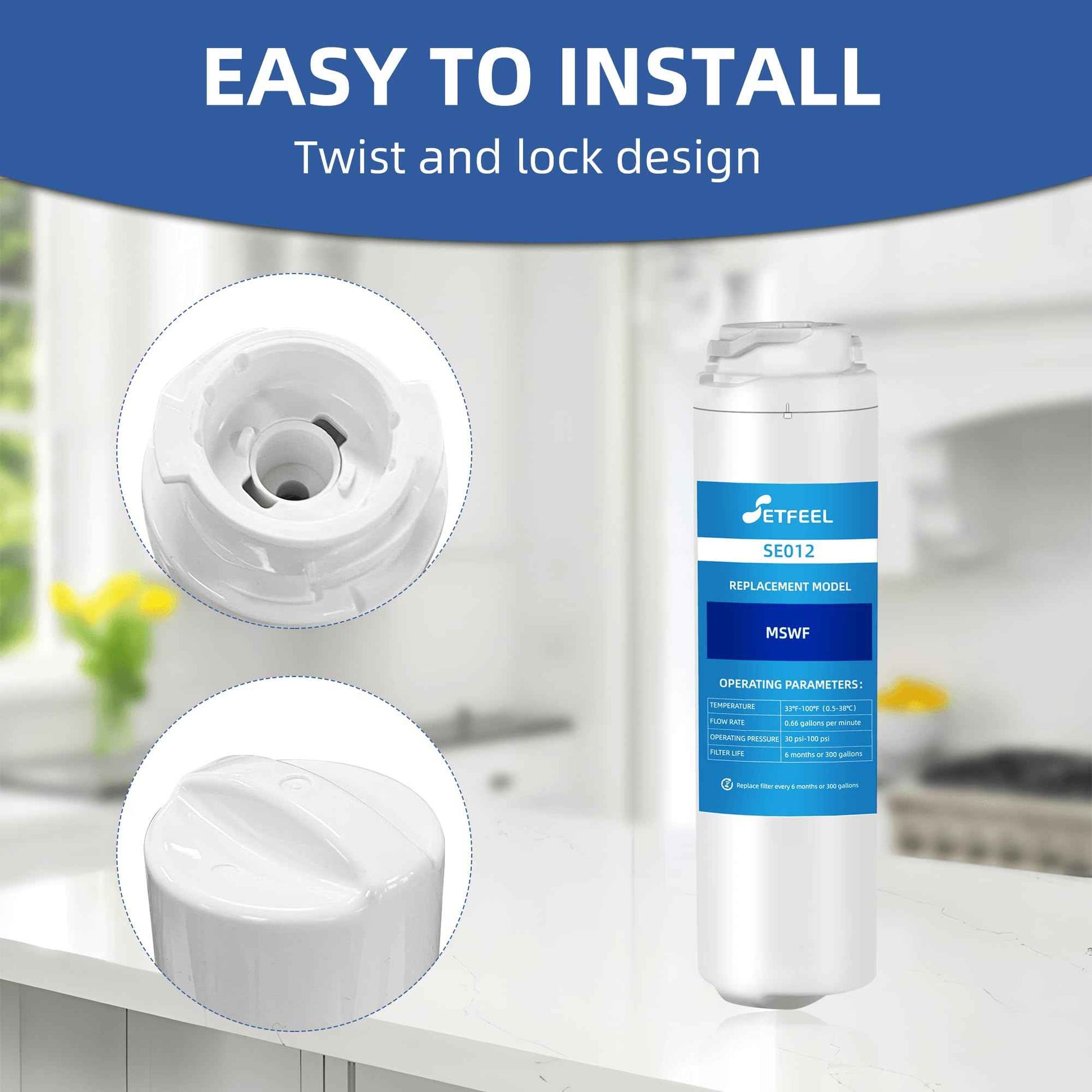 MSWF Refrigerator Water Filter for GE, Smart Water MSWF Cartridge 101820A, 101821B, RWF1500A, 101820B, 101821A, 101821, 3 Pack SETFEEL