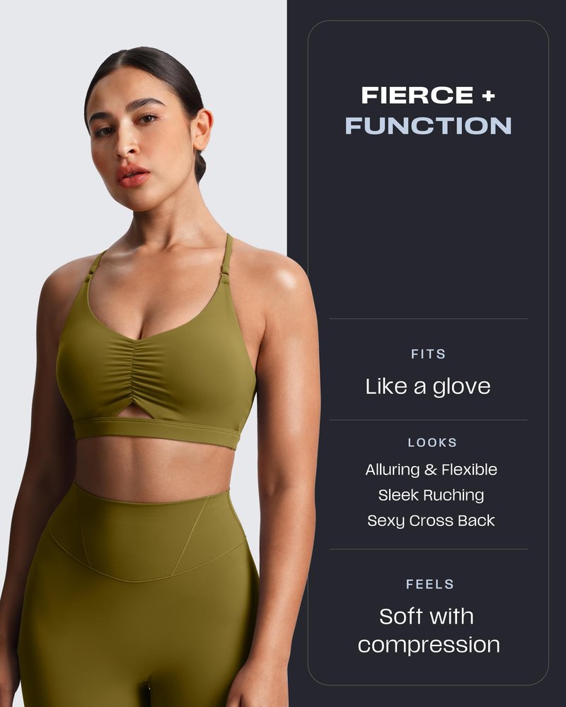 Aoxjox Women's Workout Sports Bras Cross Back Fitness Athletic Velura Ruched Bra PlushFlex™ Yoga Crop Tank (Moss, Medium)