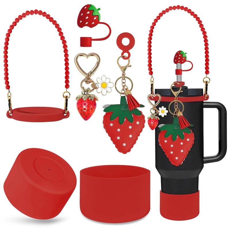VirgoCCY 7PCS Strawberry Stanley Cup Accessories, Water Bottle Handle Strap for Stanley 30/40 oz, Including Straw Toppers, Silicone Cup Boot, Keychain Charms, Cup Decoration for Women Girls, Red