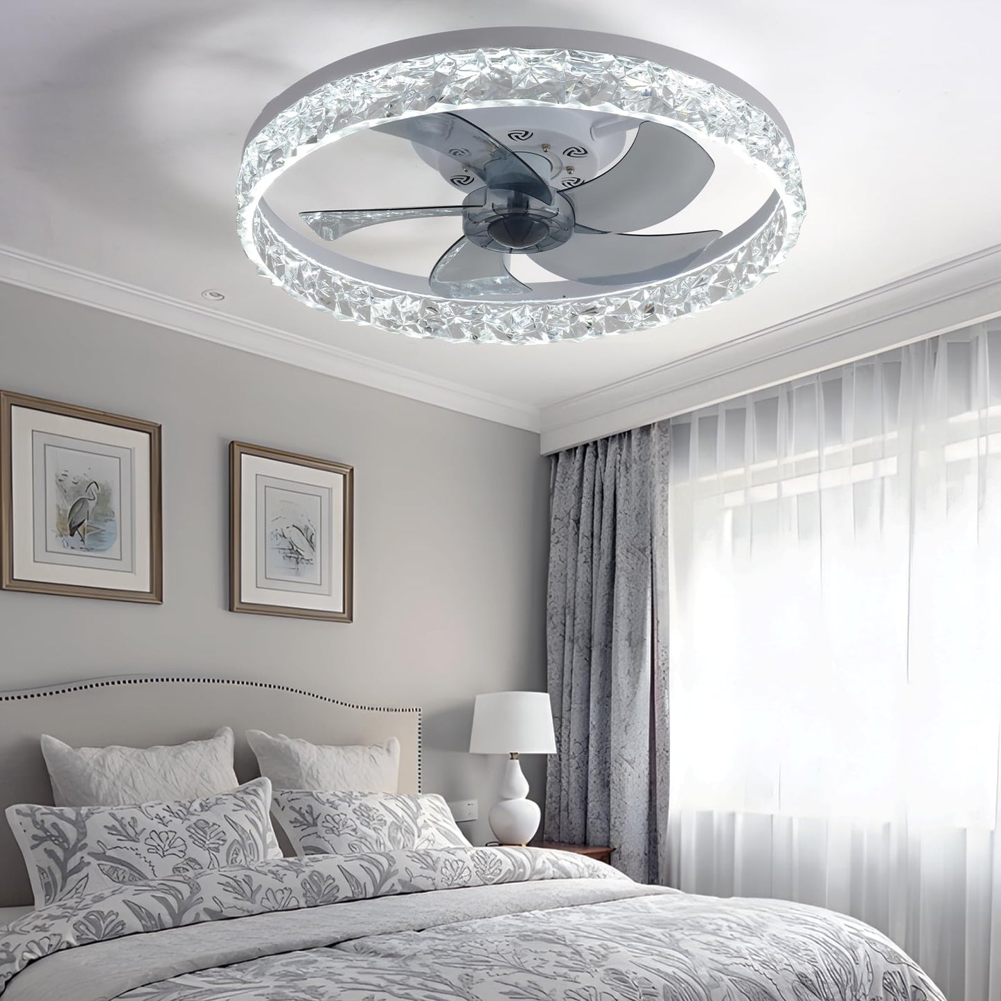 FRIXCHUR 19.7" Crystal Chandelier Fan Modern Flush Mount Ceiling Fan with Lights Dimmable Low Profile Ceiling Fans 6 Speeds 3 Color Fandeliers for Bedroom Living Room Kitchen (White)