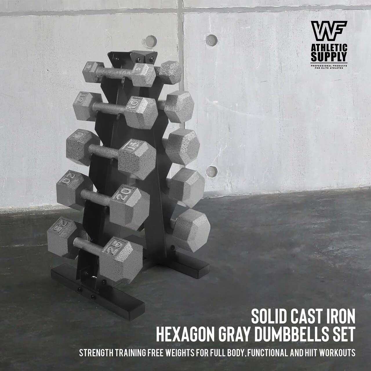 WF Athletic Supply Cast Iron Dumbbell Set, Solid Hexagon Grey Dumbbell Set, Strength Training Free Weights for Women & Men