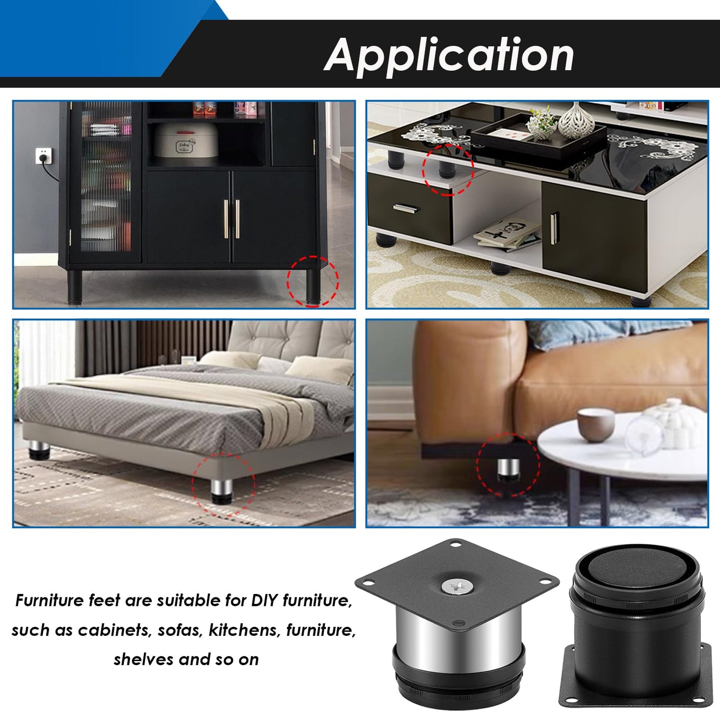 Eoppen 4-Pack 2 Inch Furniture Legs, Stainless Steel Adjustable Round Cabinet Legs with 16Pcs Screw for Cabinet Sofa Shelves Table DIY Furniture(Black 50x50mm)