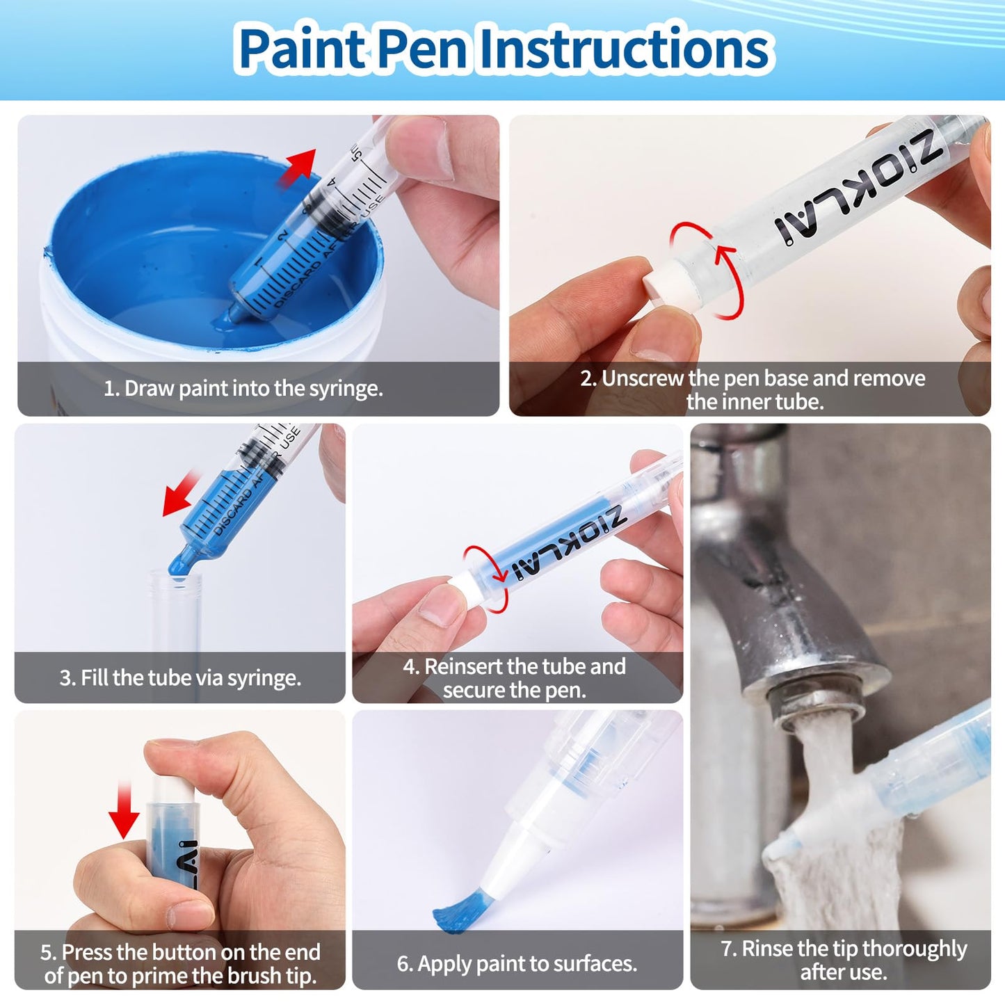 ZIOKLAI Refillable Touch Up Paint Pen Set 3 Paint Touch Up Pens Fillable Pens with 3 Syringes & 3 Brush Heads (Fine, Round, Flat) for Walls, Wood, Furniture, Cabinets, DIY