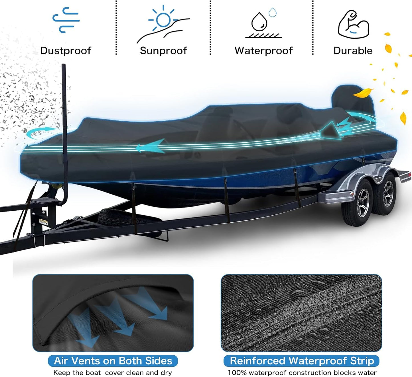 Solim Waterproof 1200D PU Boat Cover - Heavy Duty Marine Grade for 14-16ft V-Hull & Fishing Boats | Black