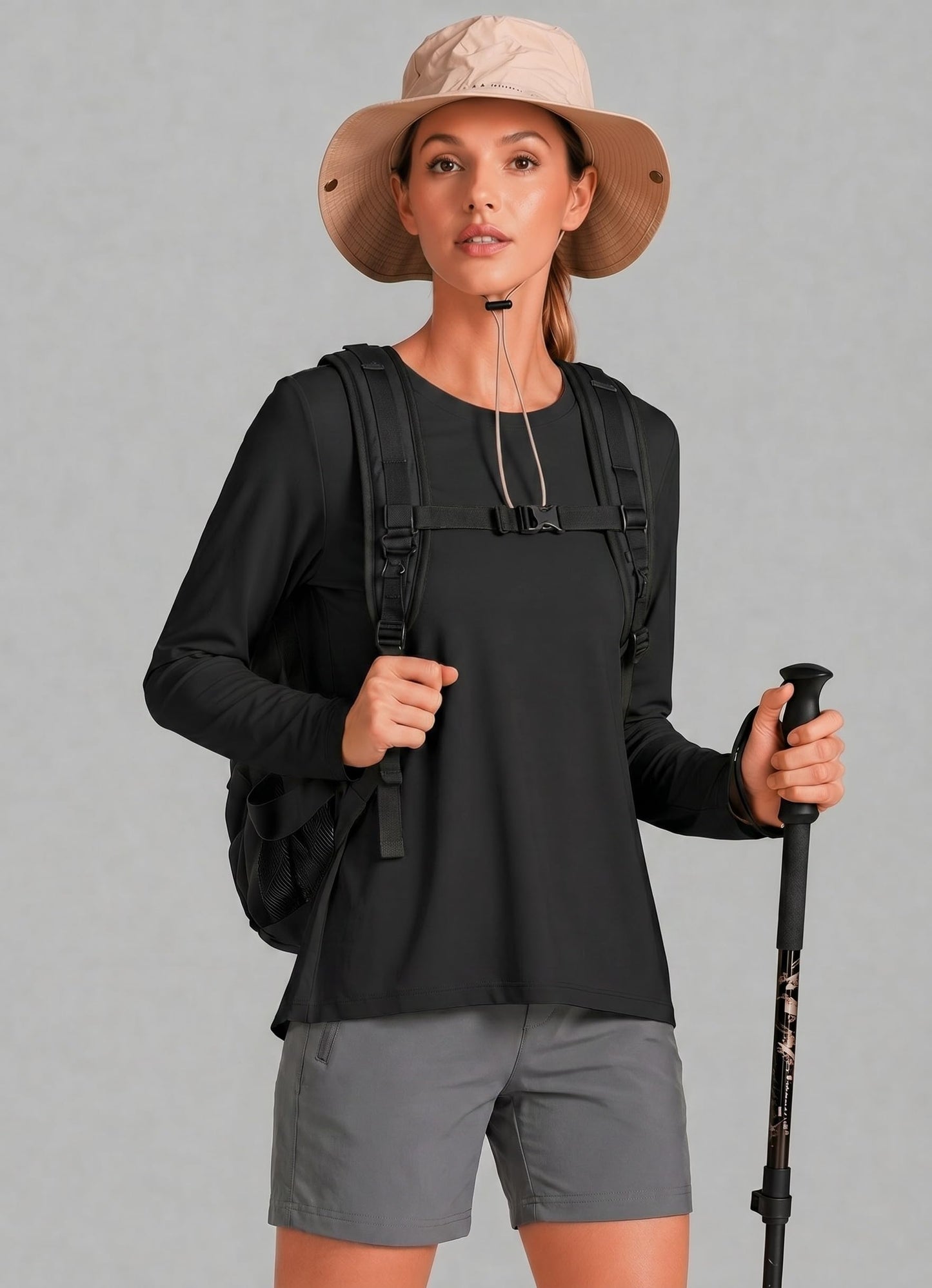PINSPARK Workout Tops for Women Soft Loose Long Sleeve Athletic Shirt with Back Pleated Breathable Yoga Pilates Running Hiking, Black Large