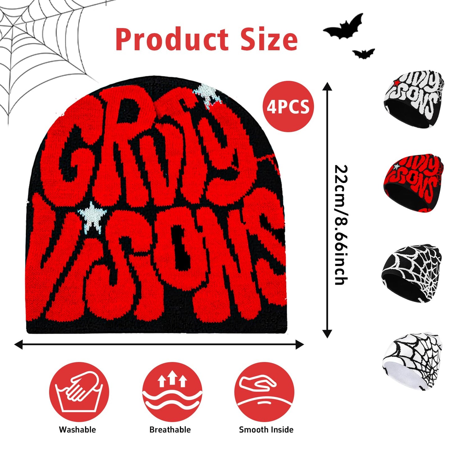yiilead 4 Pcs Y2K Beanie Spider Web Beanie, Winter Streetwear Headwear Knitted Hat Goth Graphic Beanies for Men Women Black