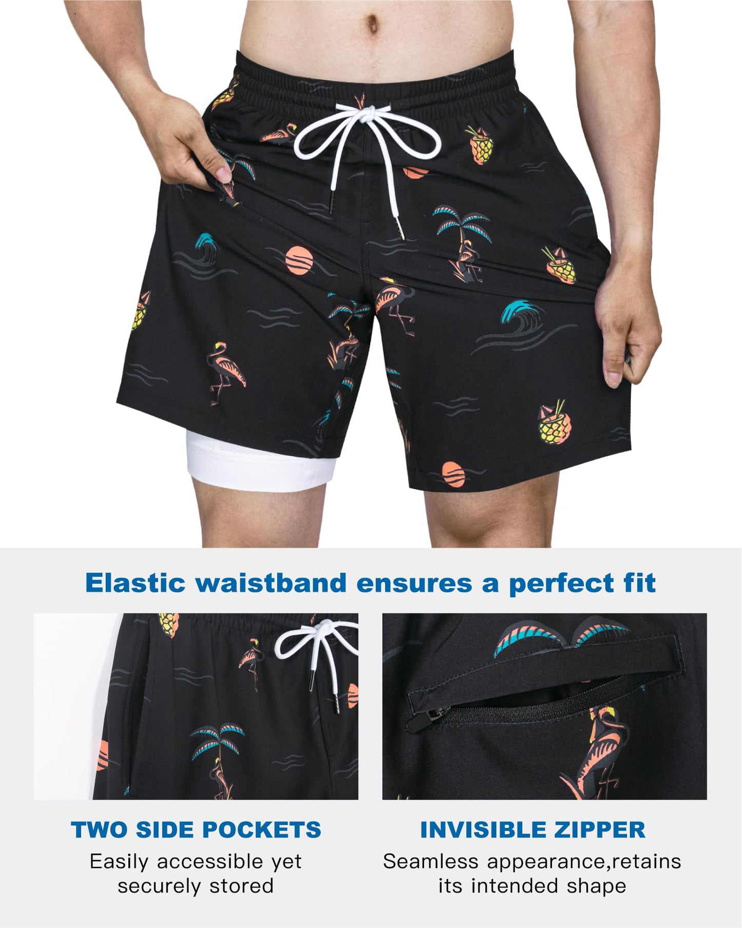 SURF CUZ Mens Swim Trunks with Compression Liner Quick Dry Swim Shorts 7" Swimming Trunks Stretch Bathing Suit 7 Inch,04 Tropic Nights,M