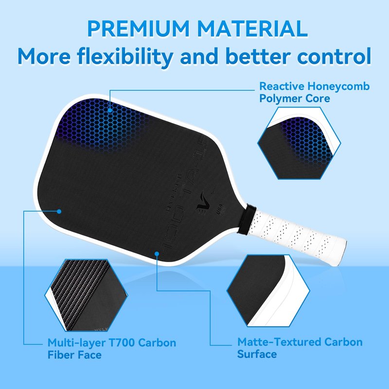 HVLKUB Pickleball Paddle,16mm Raw T700 Carbon Fiber Lightweight Pickle Ball Paddle, Durable &Beginner-Friendly Pickleball Racket,Adults & Kids Pickle Ball Equipment,Comfortable Grip(Box-White)