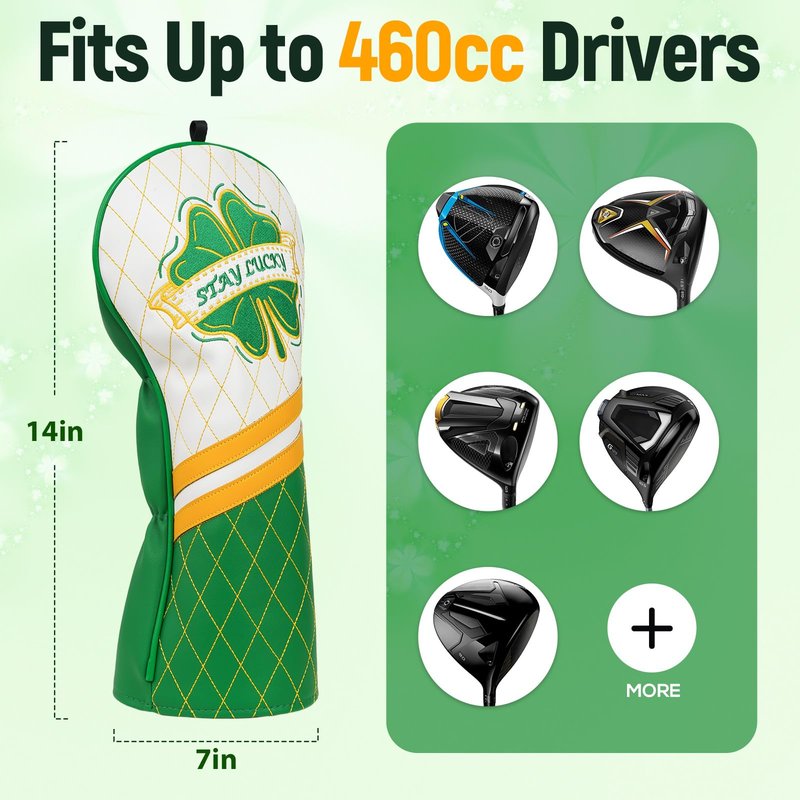 Golf Club Cover Clover Driver Headcover Lucky Golf Head Cover Premium Leather Golf Driver Headcover, Green Clover Design Stay Lucky Club Cover
