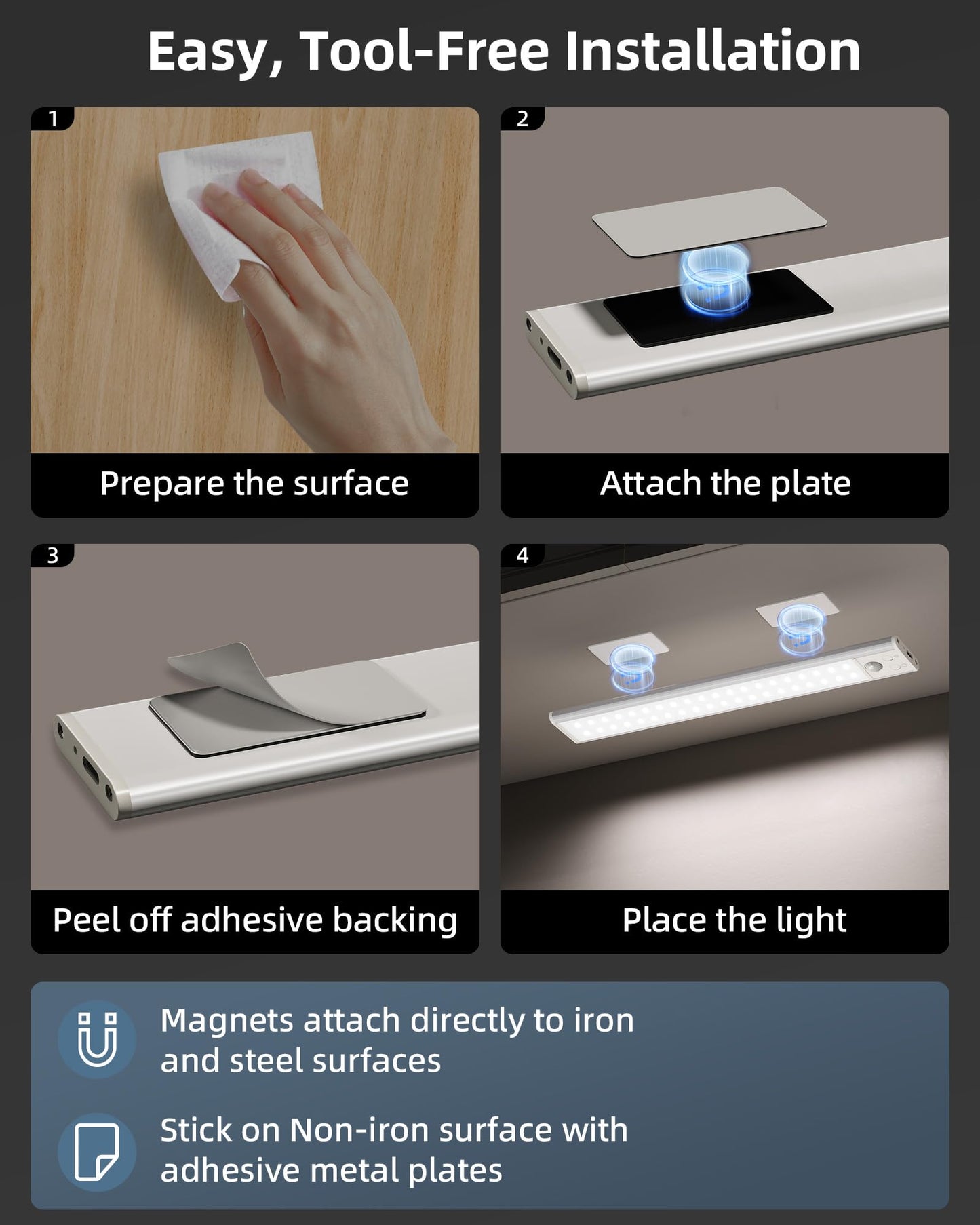 AMETHEUS 10inch Under Cabinet Lights, Motion Sensor Light Indoor, Wireless Closet Lights, 1800mAh Rechargeable Battery, Magnetic, 5 Levels Dimmable, Under Counter Lights for Kitchen, Bathroom (2 Pack)