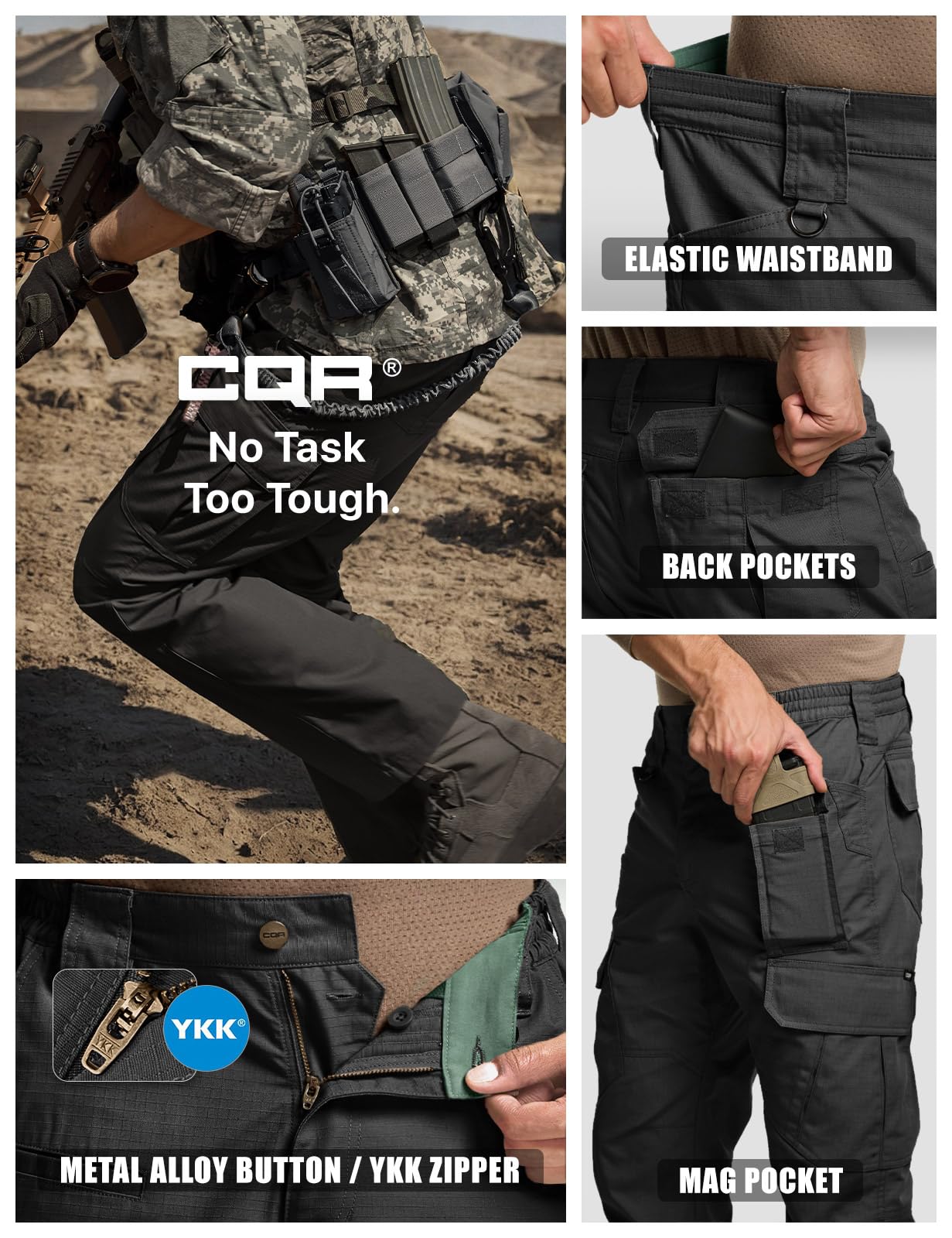 CQR Men's Tactical Pants, Water Resistant Ripstop Cargo Pants, Lightweight EDC Work Hiking Pants, Outdoor Apparel, Duratex Mag Pocket Black, 36W x 36L