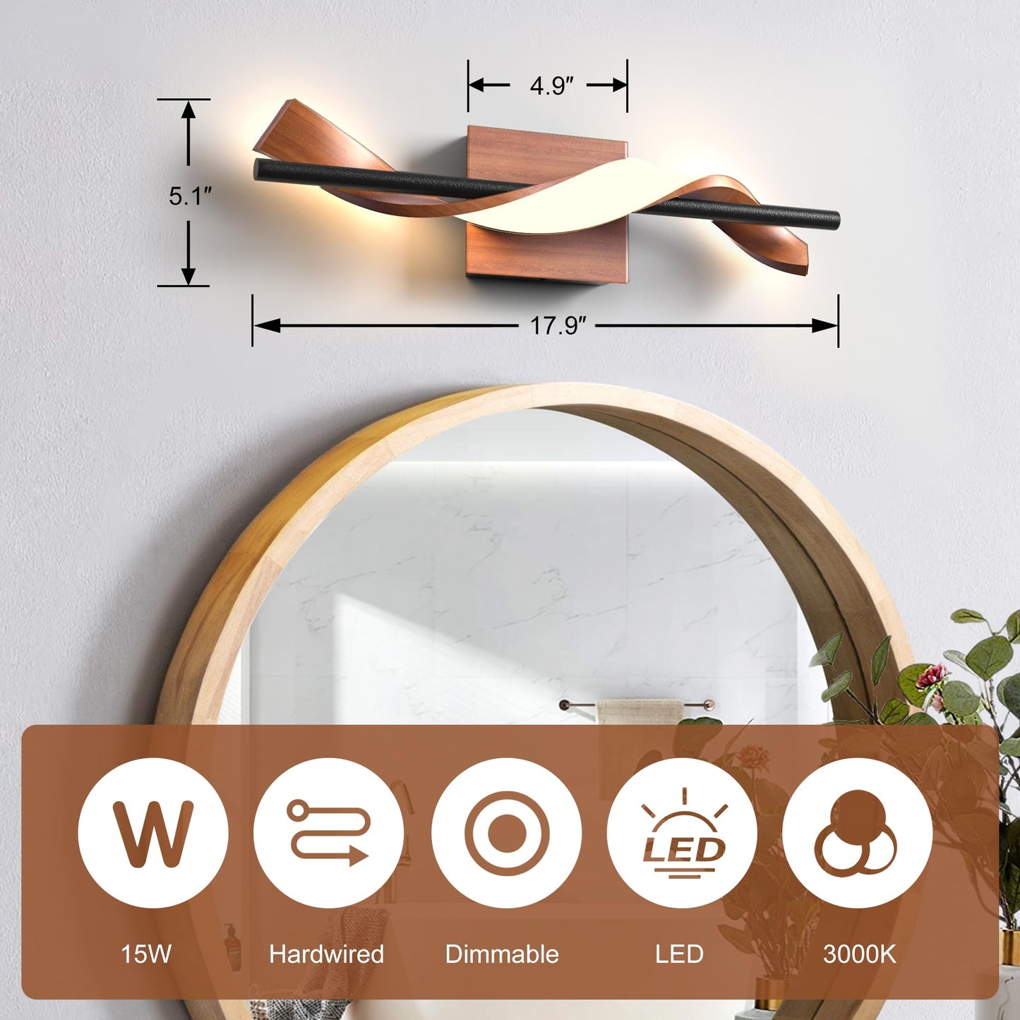 Lawyettle Farmhouse LED Wall Sconce, 3000K Dimmable LED Bathroom Light Fixture, 17.9" Vanity Light Over Mirror, Wood Indoor Wall Lamp for Bedroom, Living Room