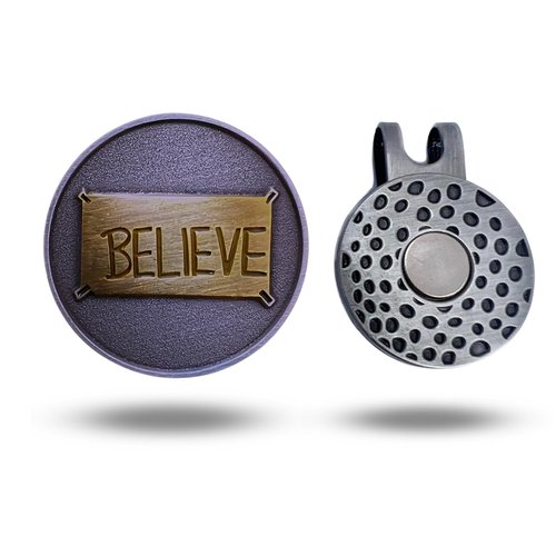 Full Metal Markers Believe Unique Magnetic Metal Golf Ball Marker Accessory with Hat Clip for Men and Women (1 Ball Marker + Hat Clip)
