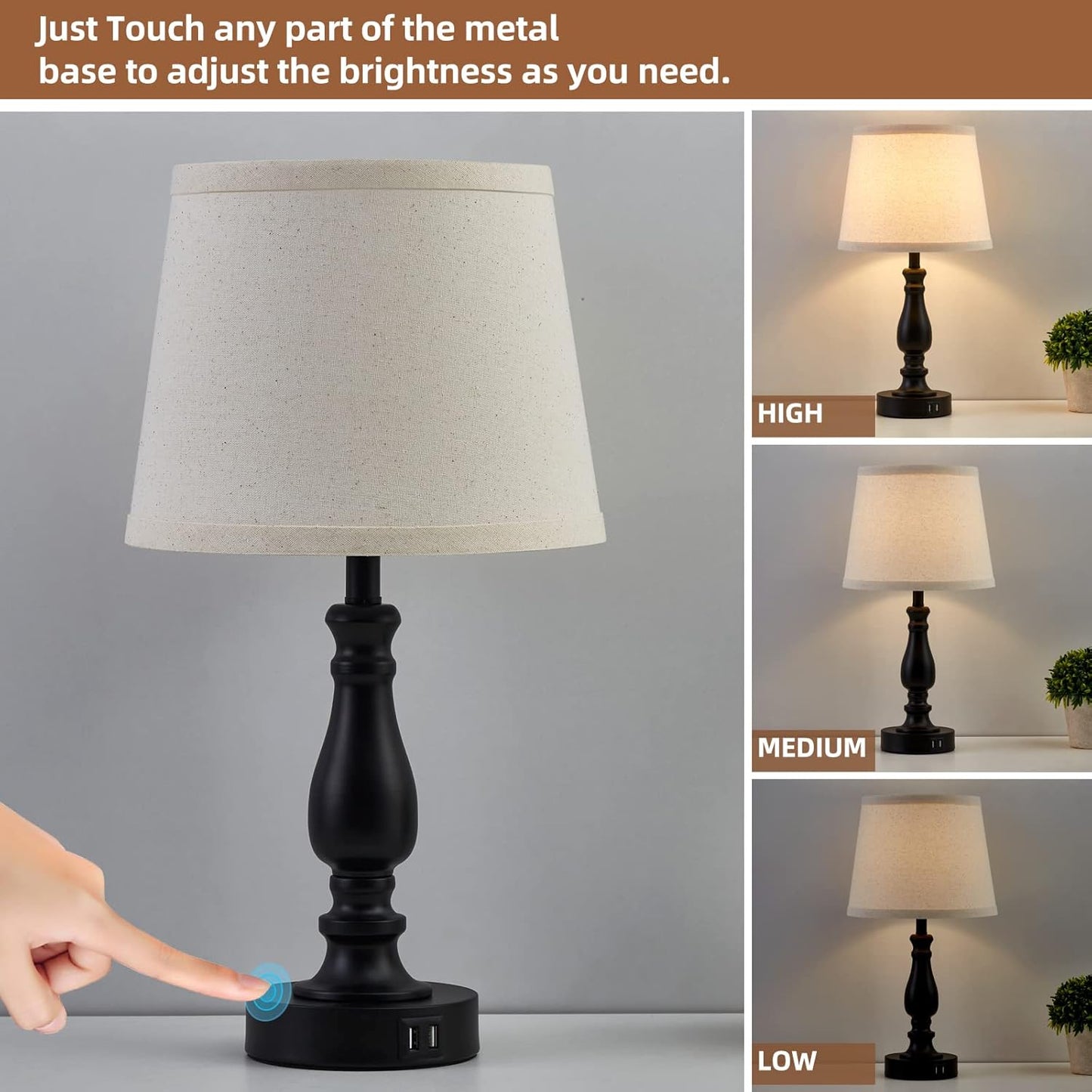 Touch Bedside Table Lamps Set of 2 with USB C+A Ports - 3-Way Dimmable Linen Shade