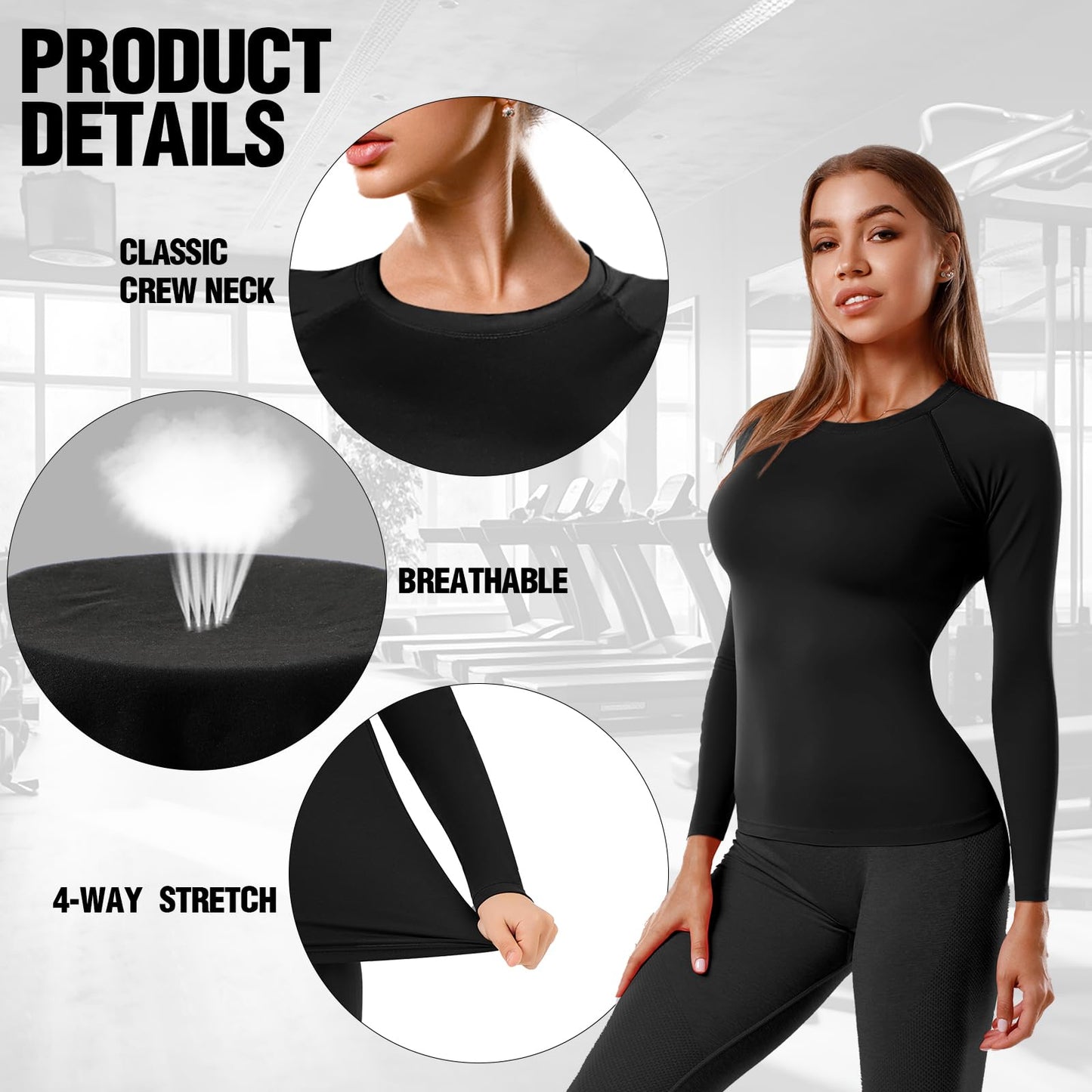 Simlakey 5 Pack Women's Compression Shirt Long Sleeve Workout Shirts Quick Dry Fitted Athletic Tops Gym Yoga Running(Black,L)