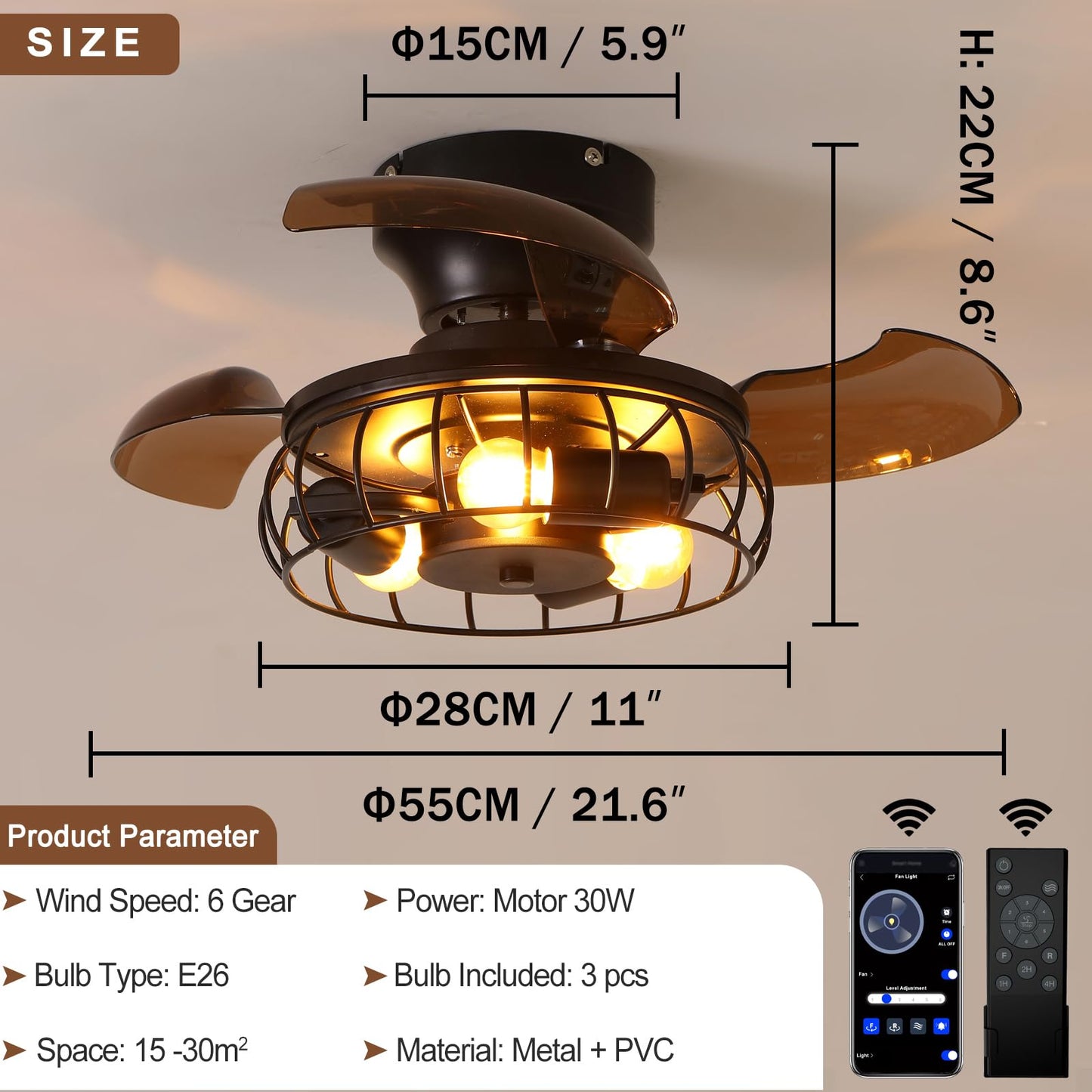BEALWISE 21.6'' Retractable Ceiling Fans with Lights Caged Farmhouse Ceiling Fan Lights with Remote Control and APP, Rustic Industrial Ceiling lamp Black Fixture for Living Room Bedroom Kitchen, A