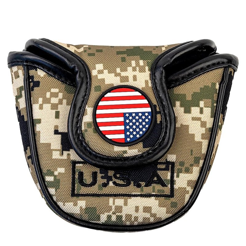 GOOACTION Camo Golf Mallet Putter Head Cover - Magnetic Closure Camouflage Green & USA Flag Design Waterproof PU Leather Protector for Mallet Clubs