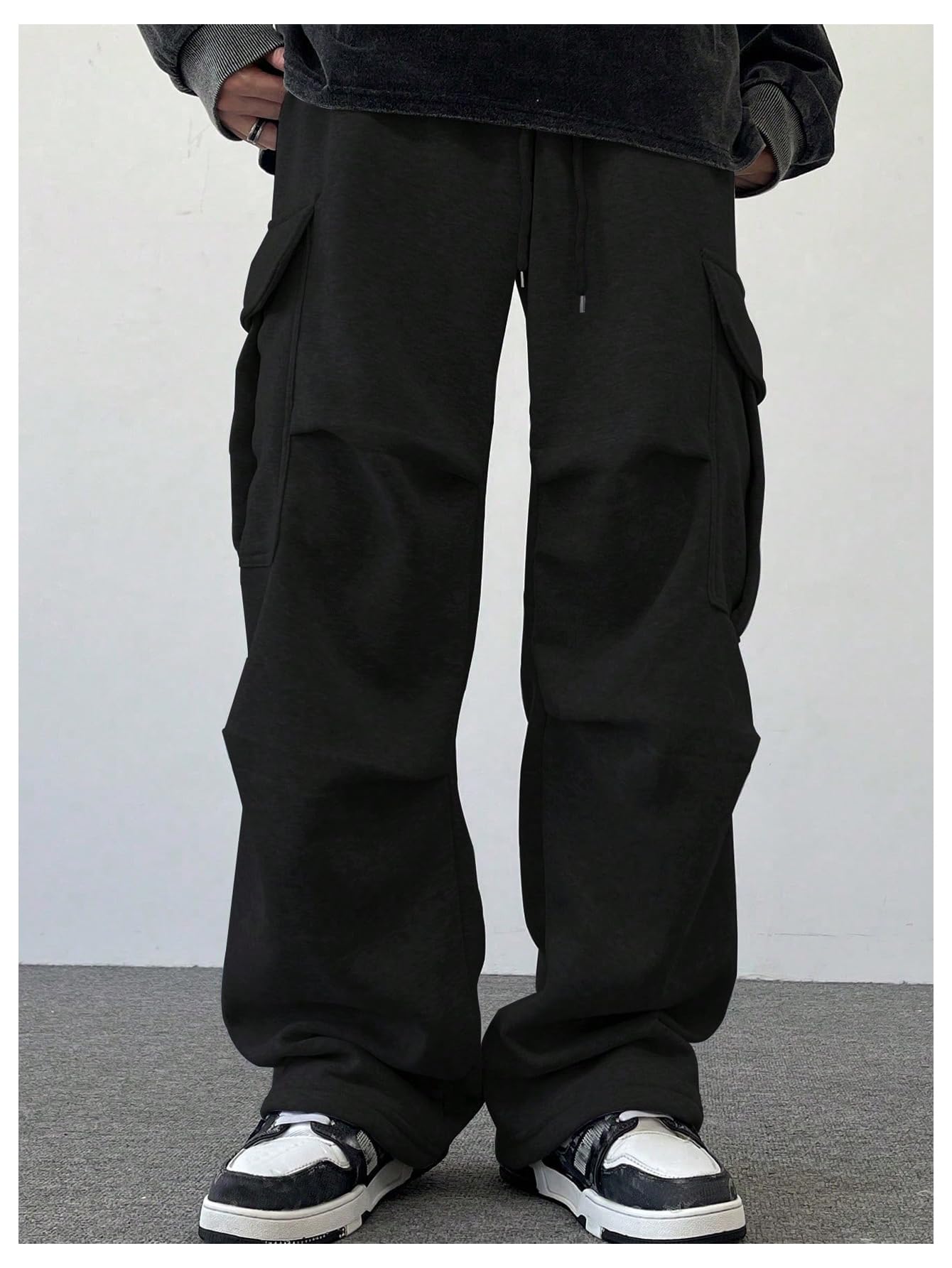 GORGLITTER Men's Cargo Baggy Sweatpants Drawstring Elastic Waist Wide Leg Sweatpants Black Large