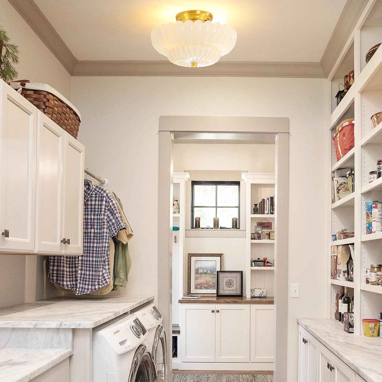 Modern Semi Flush Mount Ceiling Light Fixture with Brown Glass & Black Base - Ideal for Living Room, Kitchen, Bedroom, Hallway (Bulb Not Included)