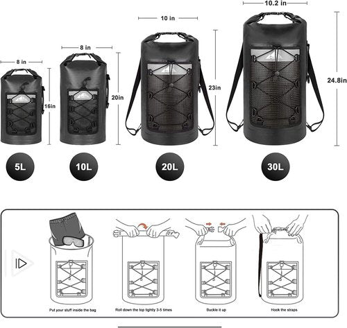 HEETA Waterproof Dry Bag - Lightweight Roll Top Storage Backpack with Phone Case | Black 30L
