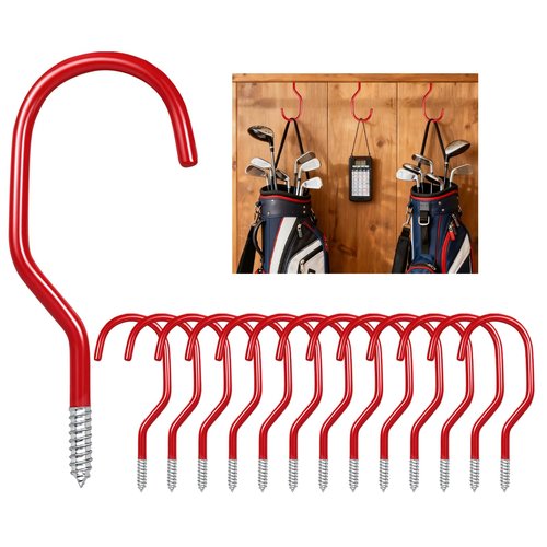 BJUTYEU Heavy Duty Bike Storage Hooks for Garage, Wall and Ceiling Mount Bicycle Hangers, Large Screw-in Utility Hooks for Bikes, Cords, Garden Tools, and More (Red, 14 PCS)