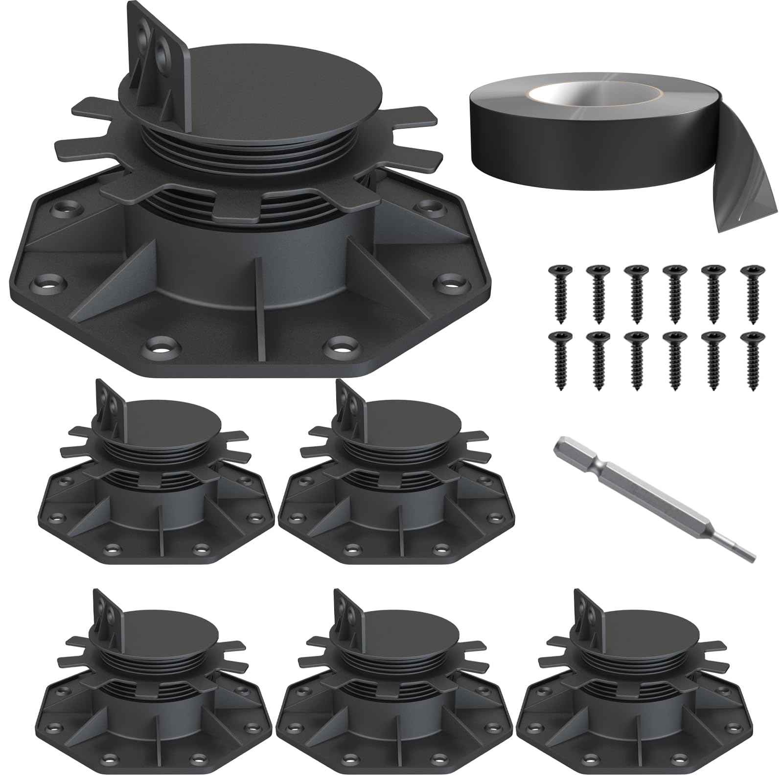 DECKIT 6 Pack Adjustable Deck Support Pedestal, High Load Deck Supports/Deck Blocks/Deck Support Blocks/Deck Footing for Floating Deck Platform & Floor Height Adjustment (1-3/16" to 2-3/8")