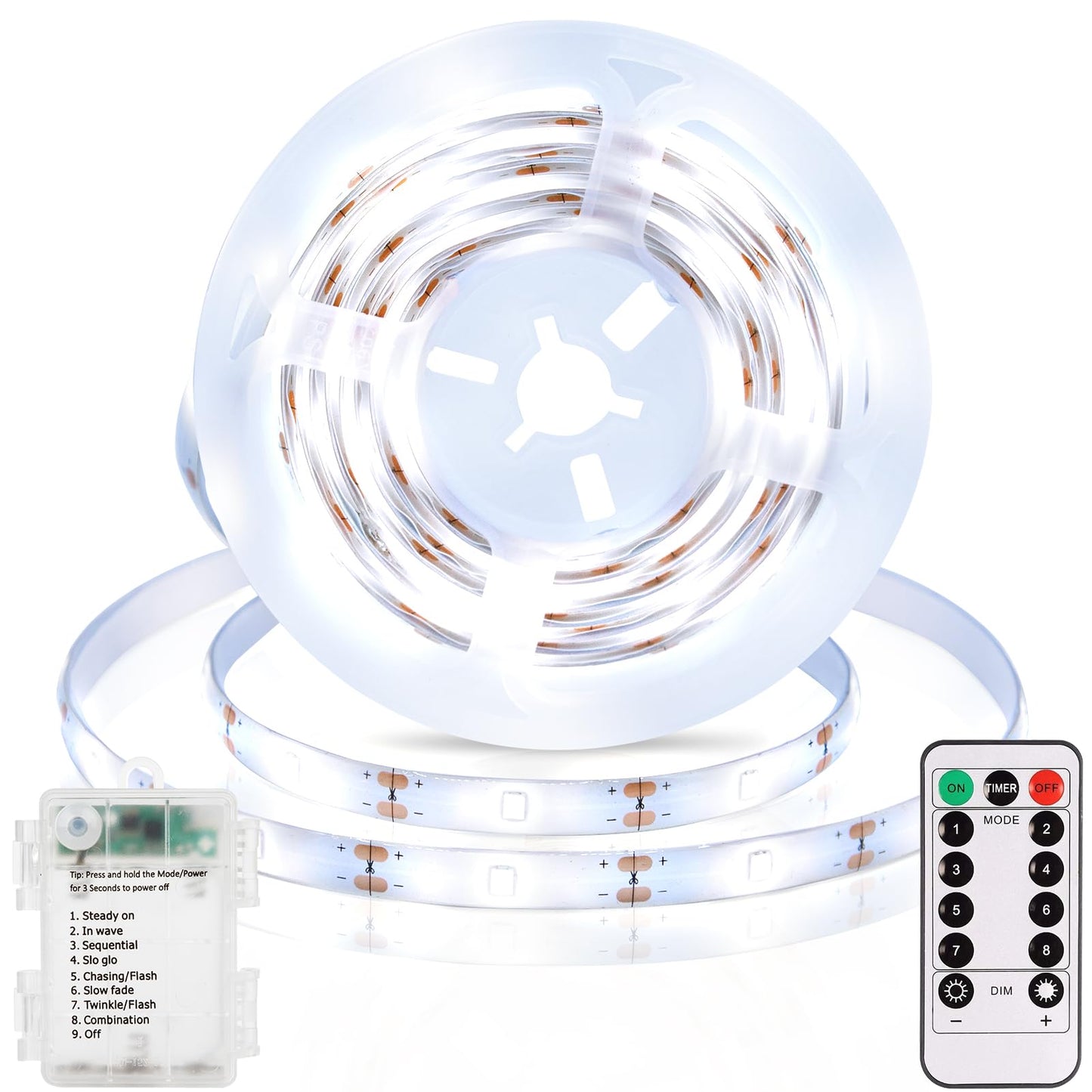 echosari 3.3FT 6000K Strip Lights Battery Operated, Tape Light with Remote 8 Modes Timer Self-Adhesive Cuttable, Strip Lights for Bedroom Cabinets Shelves TV Indoor Decor (Cool White)