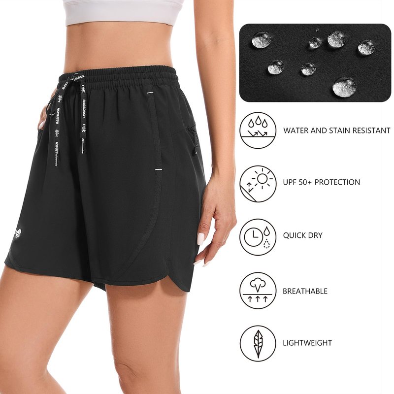 BASSDASH Women’s 5” Fishing Shorts UPF 50+ Water Resistant Quick Dry Athletic Hiking Shorts with Pockets FP05W Black