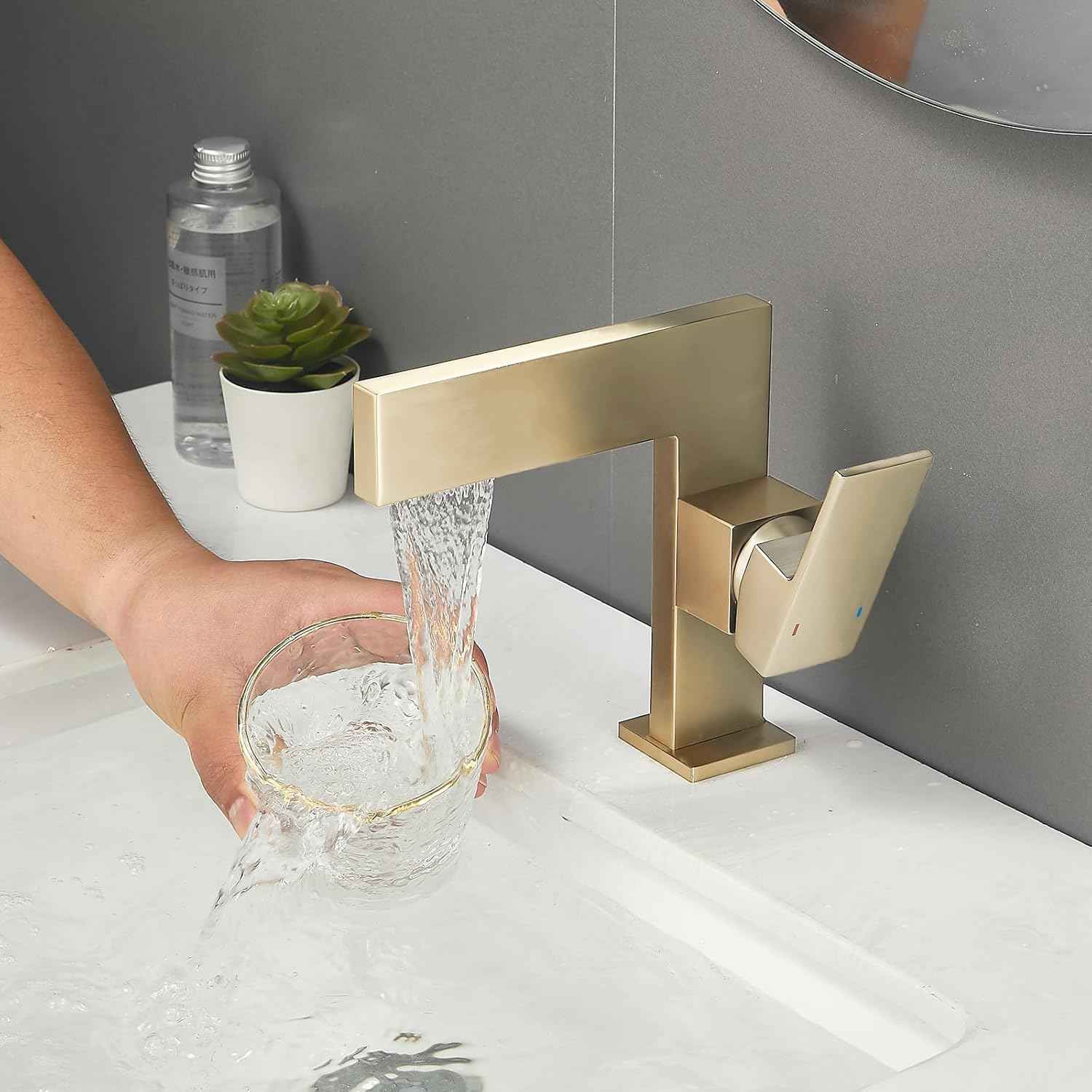 Brushed Gold Bathroom Sink Faucet Ultra Thin Design, Single Handle Vanity Faucet for Bathroom Sink,1 Hole Lavatory Basin Faucets Solid Brass(Brushed Gold)