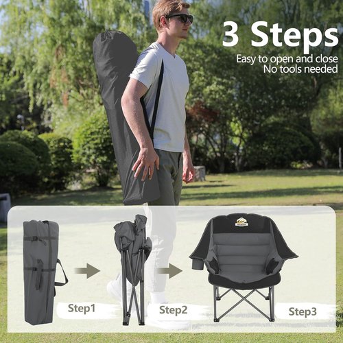Colegence Oversized Camping Chairs - Heavy Duty Padded Lawn Chairs for Adults | Set of 2, 450LBS Support - Black & Grey