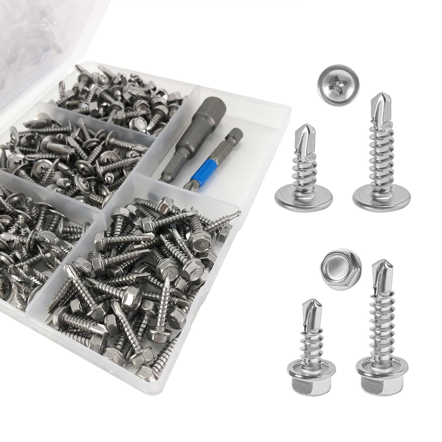 QSJ 200PCS #8 Sheet Metal Screws Set 410 Stainless Steel Fast Self Tapping Screws with Screwdriver Bit Silver