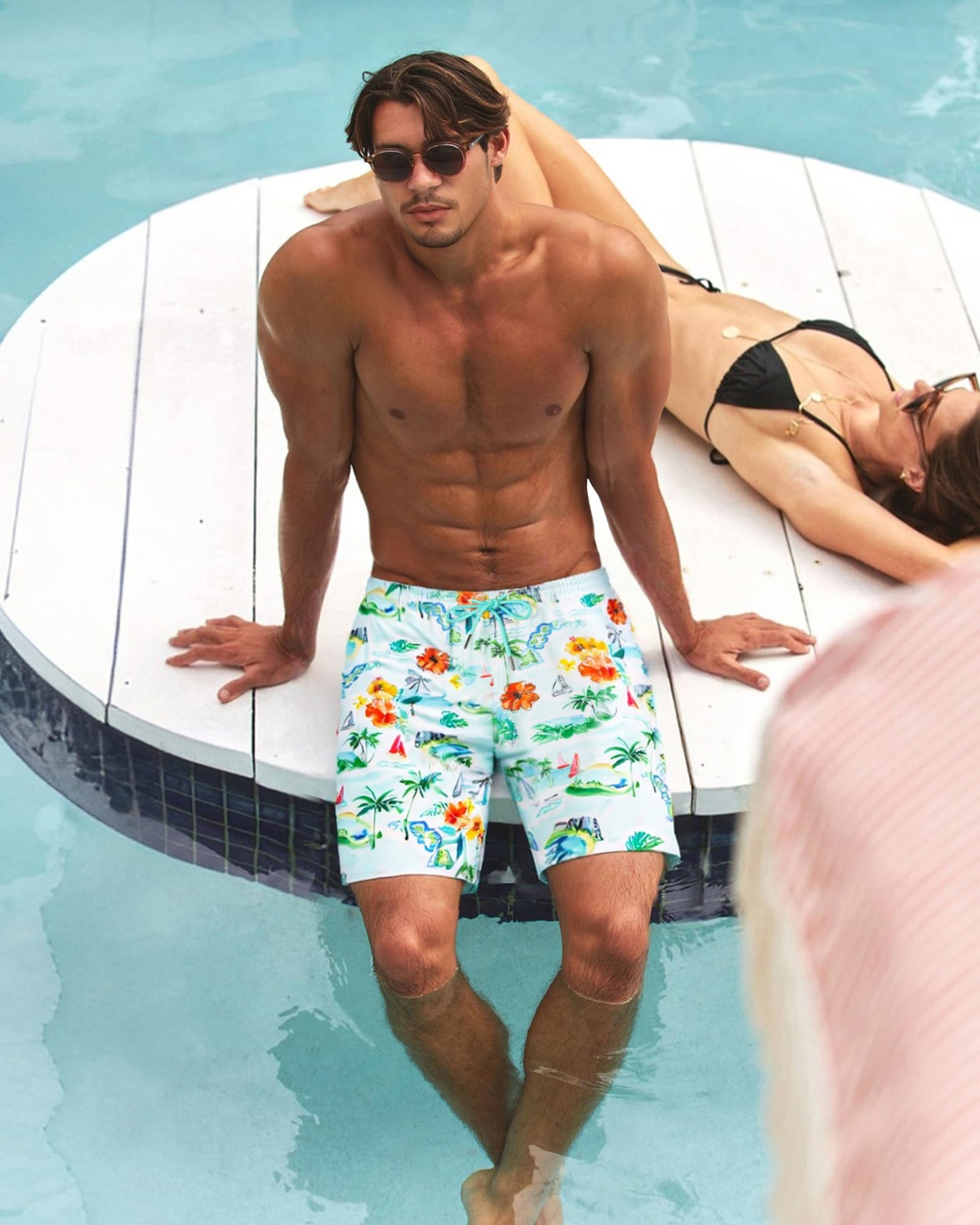 SURF CUZ Mens Swim Trunks with Compression Liner Quick Dry Swim Shorts 7" Swimming Trunks Stretch Bathing Suit Zipper Pockets,Tropical Breezers,XXL