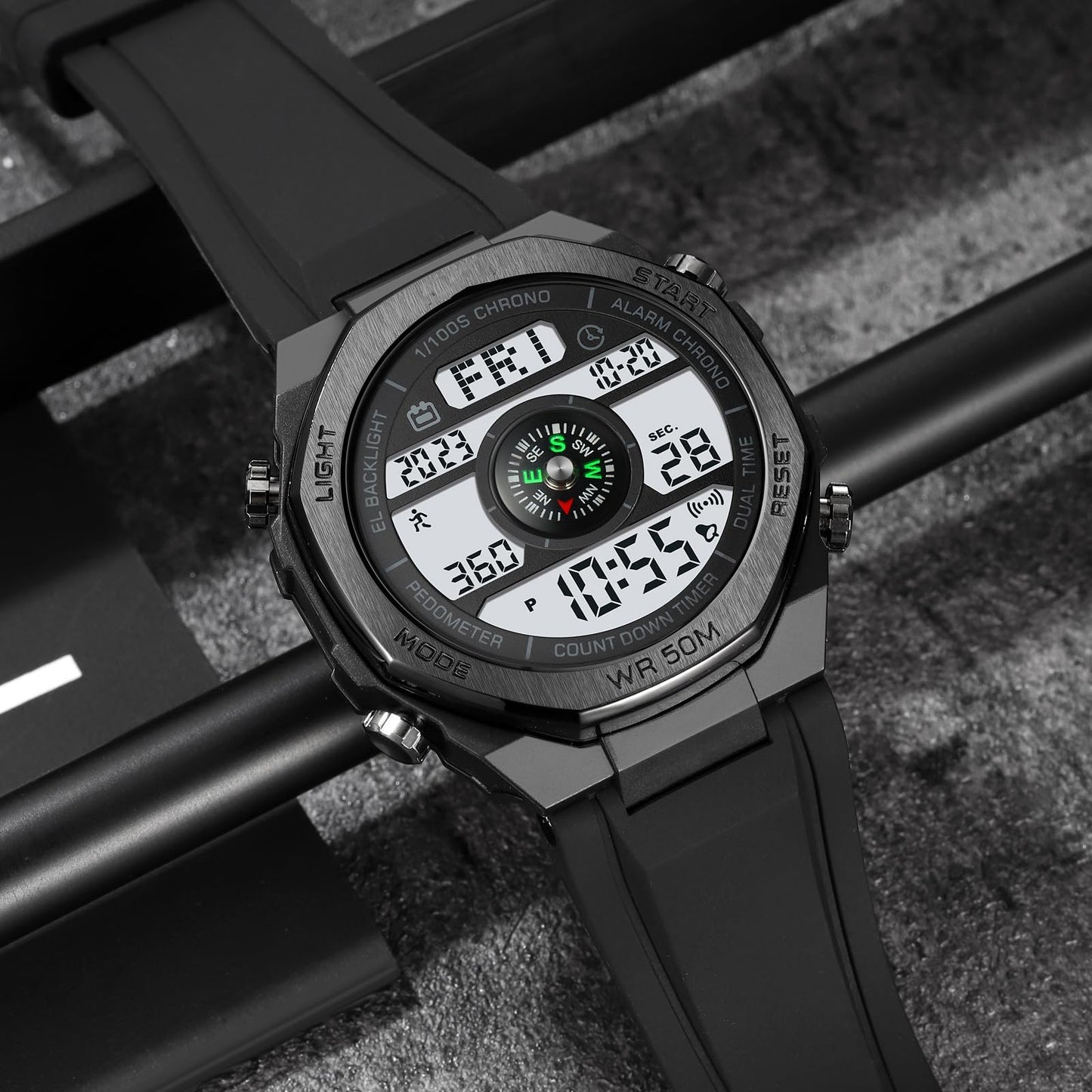 TOOCAT Multifunctional Outdoor Wristwatch (Unisex), 50m Water-Resistant Digital Watch with Step and Calorie Tracking, No Phone Connection Required, No Charging Needed (Black/White)