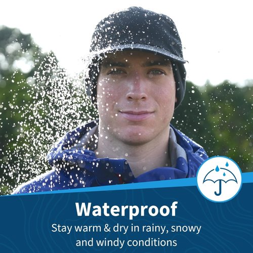 TrailHeads Waterproof Hiking Hats for Men with 3 Layer Rain & Wind Protection – Wide Brim Black Cap with Drop-Down Ear Warmers for Outdoors