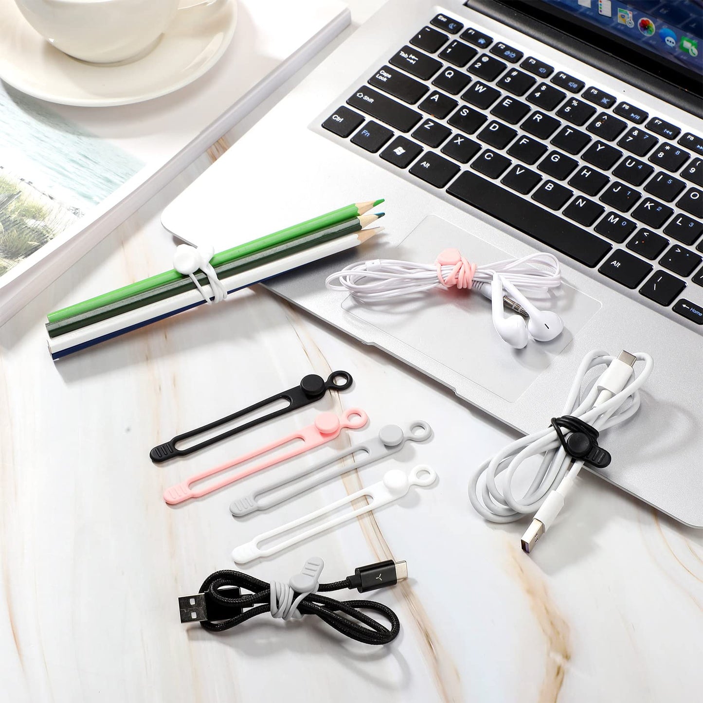 Nuanchu 40 Pcs Silicone Cable Ties Reusable Holder Adjustable Straps Multipurpose Charging Cable Organizer for Fastening Charging Cords Wires(4.17 Inch,Black, Gray)